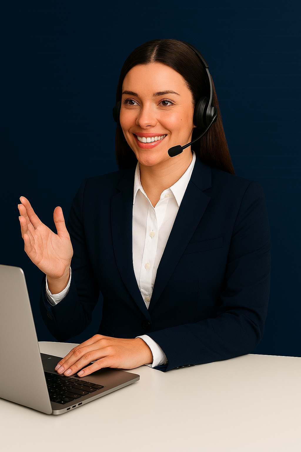 A smiling woman in a business suit with a headset working on a laptop.
