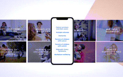 A mobile phone displaying a list of health-related conditions, surrounded by various thumbnails of women and children in healthcare settings.