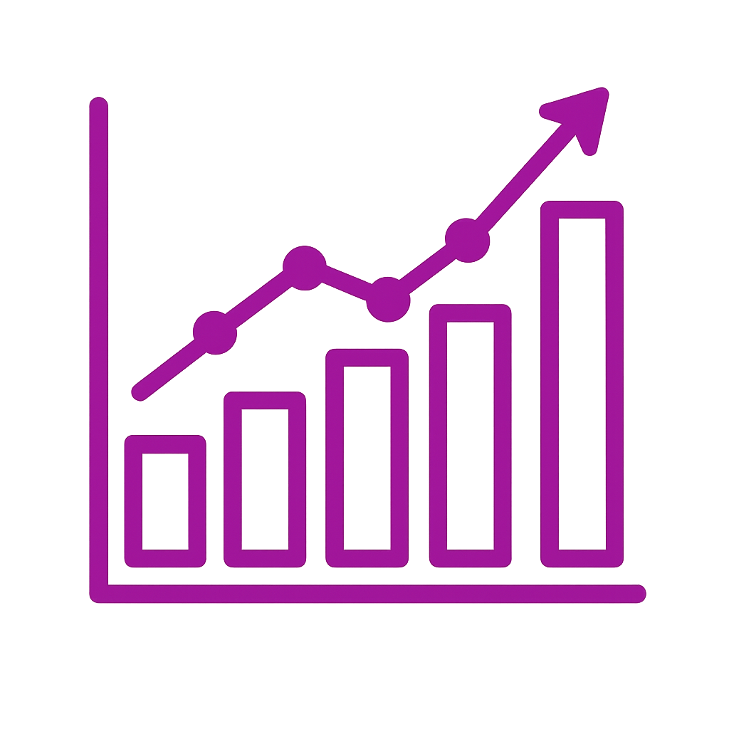 Purple line graph and bar chart illustrating growth or progress.