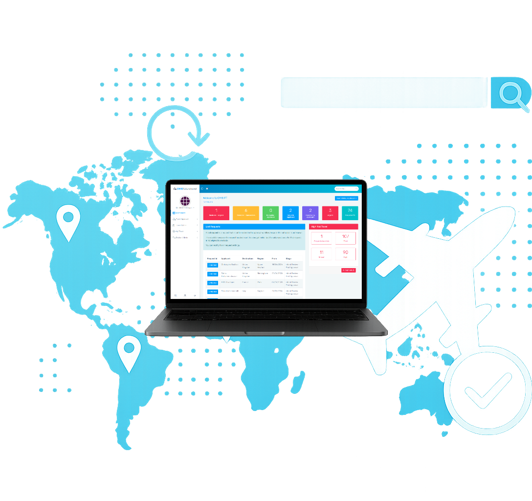 Digital illustration of global travel logistics, showing a laptop with a travel management system, an airplane, a world map with location pins, and icons representing search, navigation, and approval.