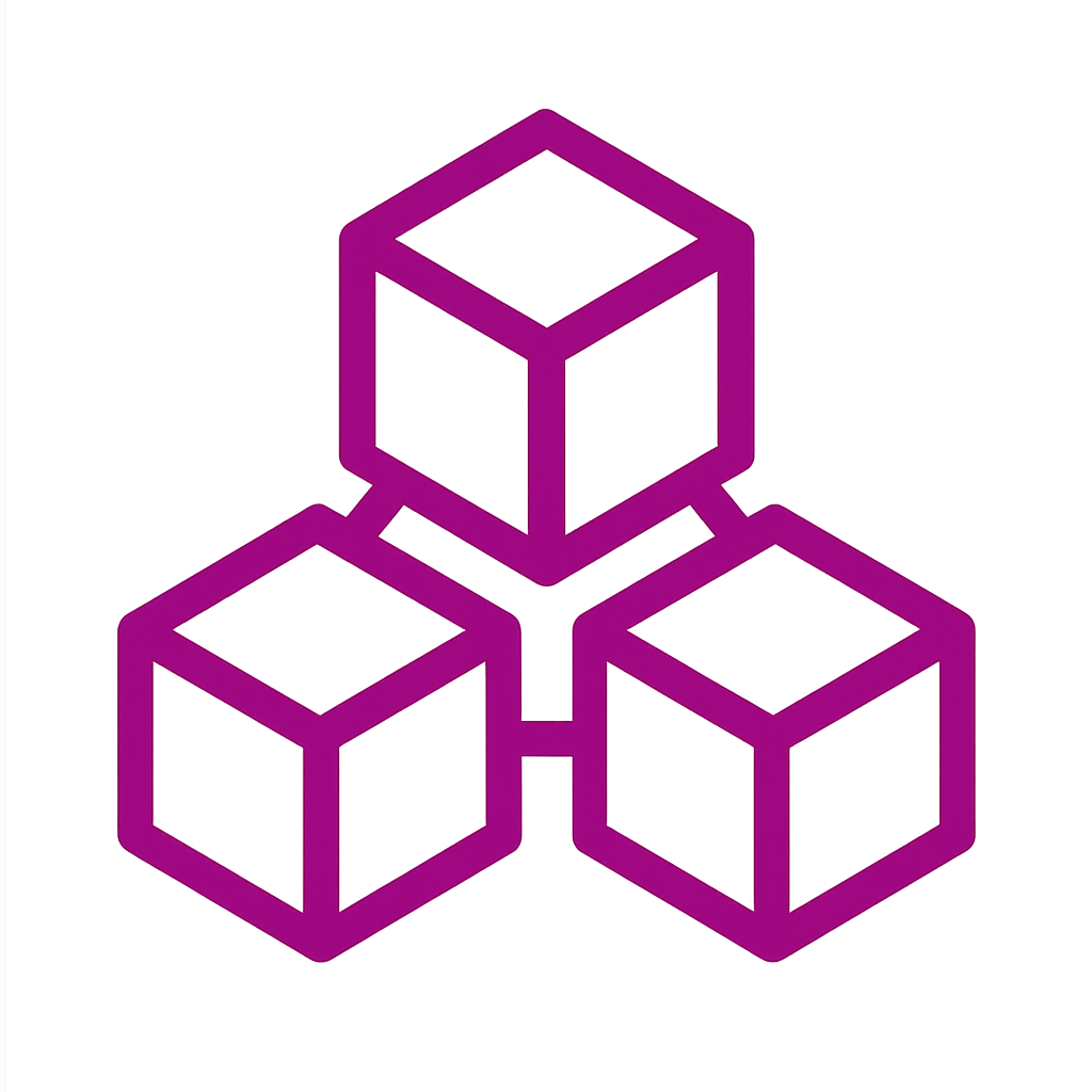 A digital illustration of three interconnected 3D cubes with purple outlines on a black background.