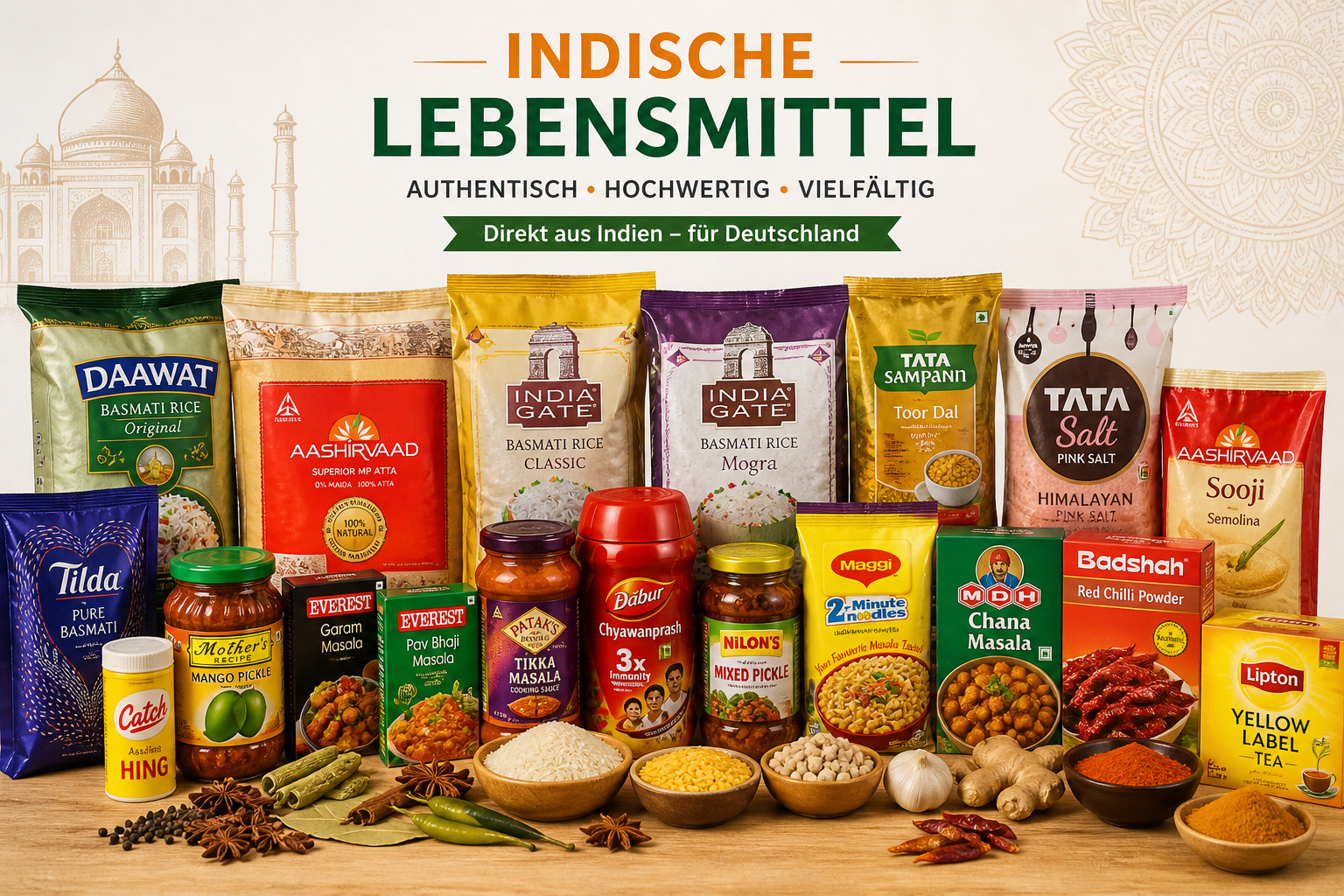 Displays various Indian food ingredients including rice, spices, and packaged products on a wooden surface with a background featuring an outline of the Taj Mahal.