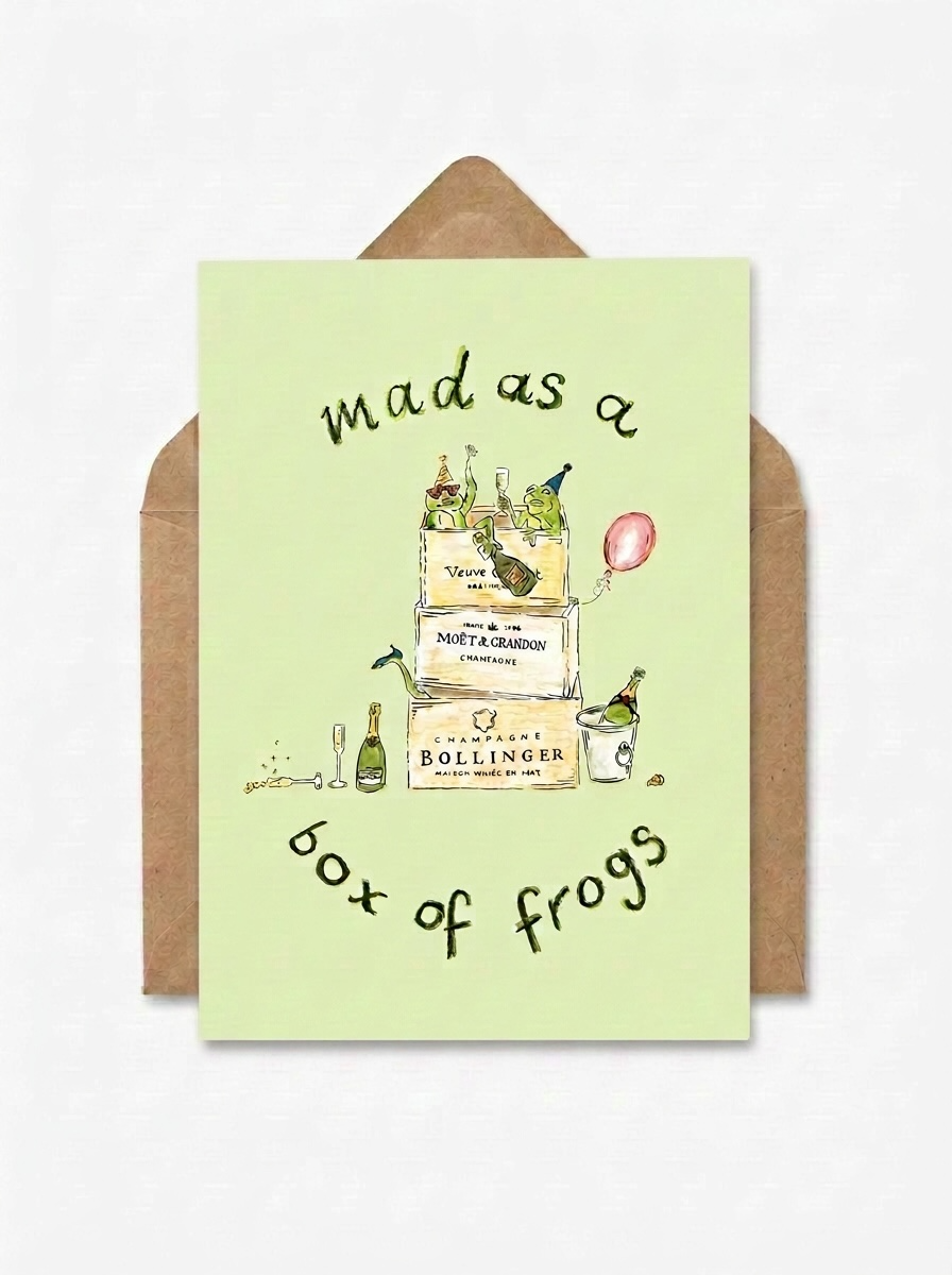 'Mad as a box of frogs' card