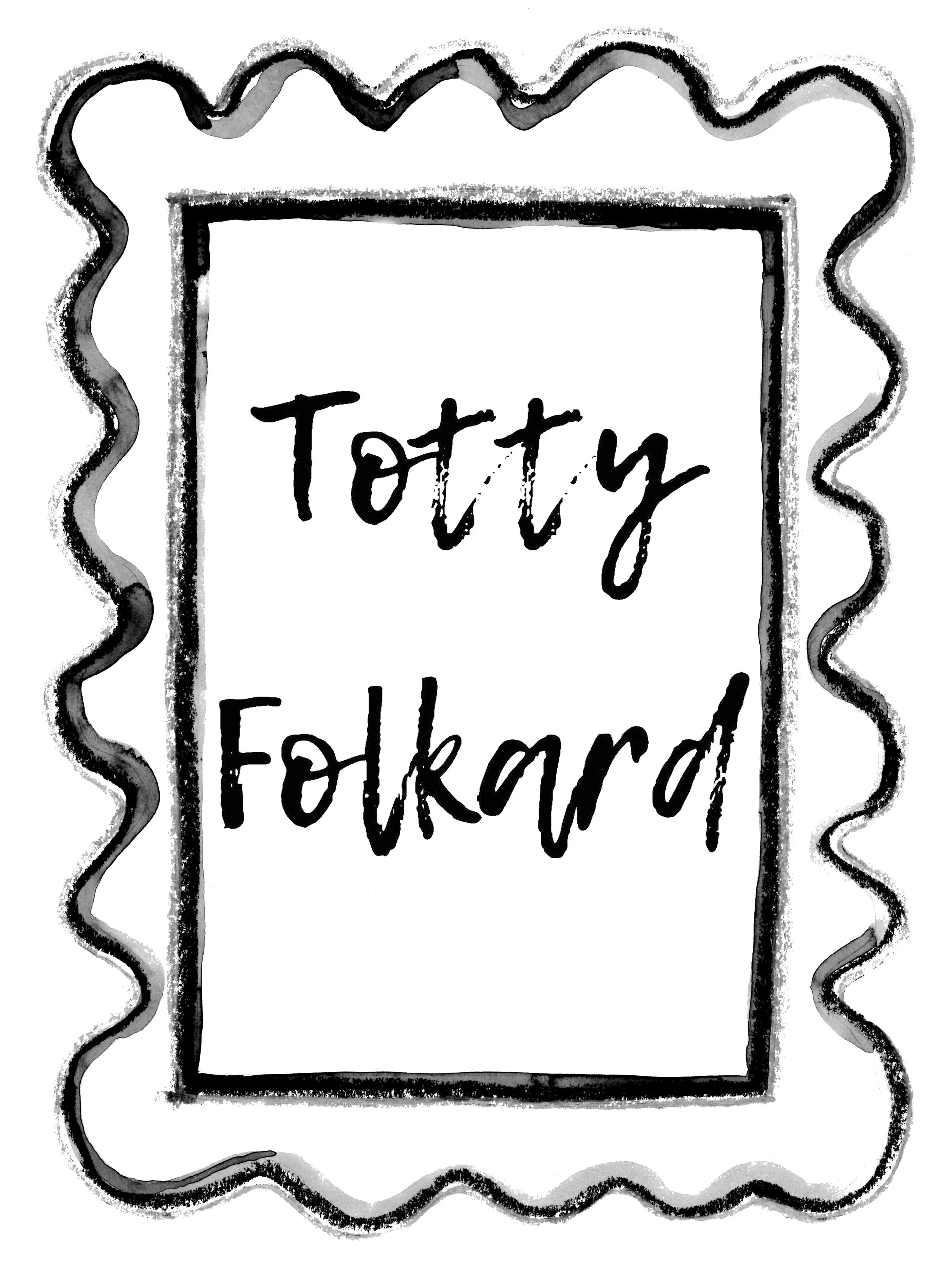 A black and white illustration of a decorative certificate or award with the words 'Totty Fookard' handwritten in the center, surrounded by wavy borders.