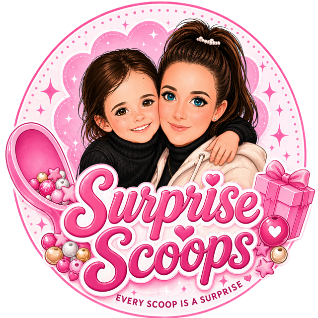 A woman and a young girl hugging each other, smiling, with a pink background and the text "Surprise Scoops" and "Every scoop is a surprise" surrounded by candies, a gift box, and hearts.