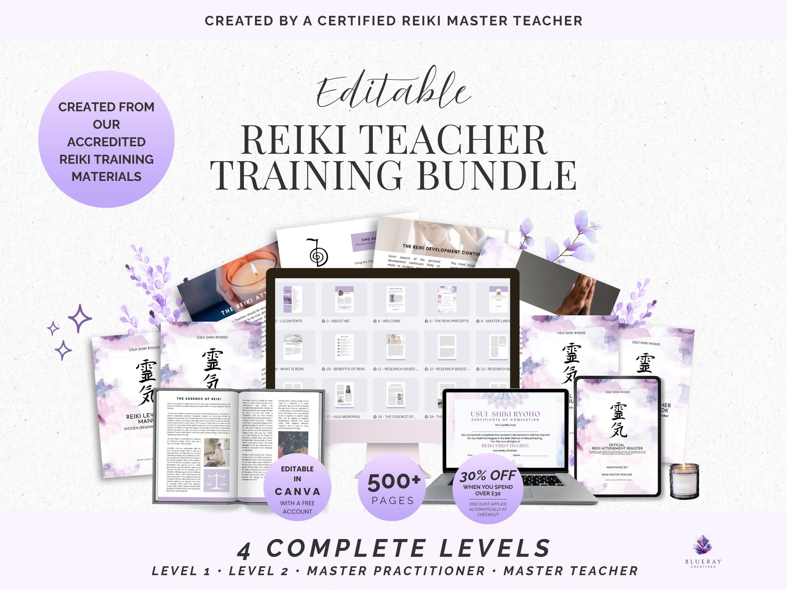 A digital advertisement for a Reiki teacher training bundle created by a certified Reiki master teacher. The ad highlights features like editable Canva files, over 500 pages, a free account, and a discount offer. It shows various pages of the training materials, certificates, and promotional tags such as "30% OFF WHEN YOU SPEND OVER 30" and "4 COMPLETE LEVELS." The background has purple accents, botanical illustrations, and a logo at the bottom right corner.