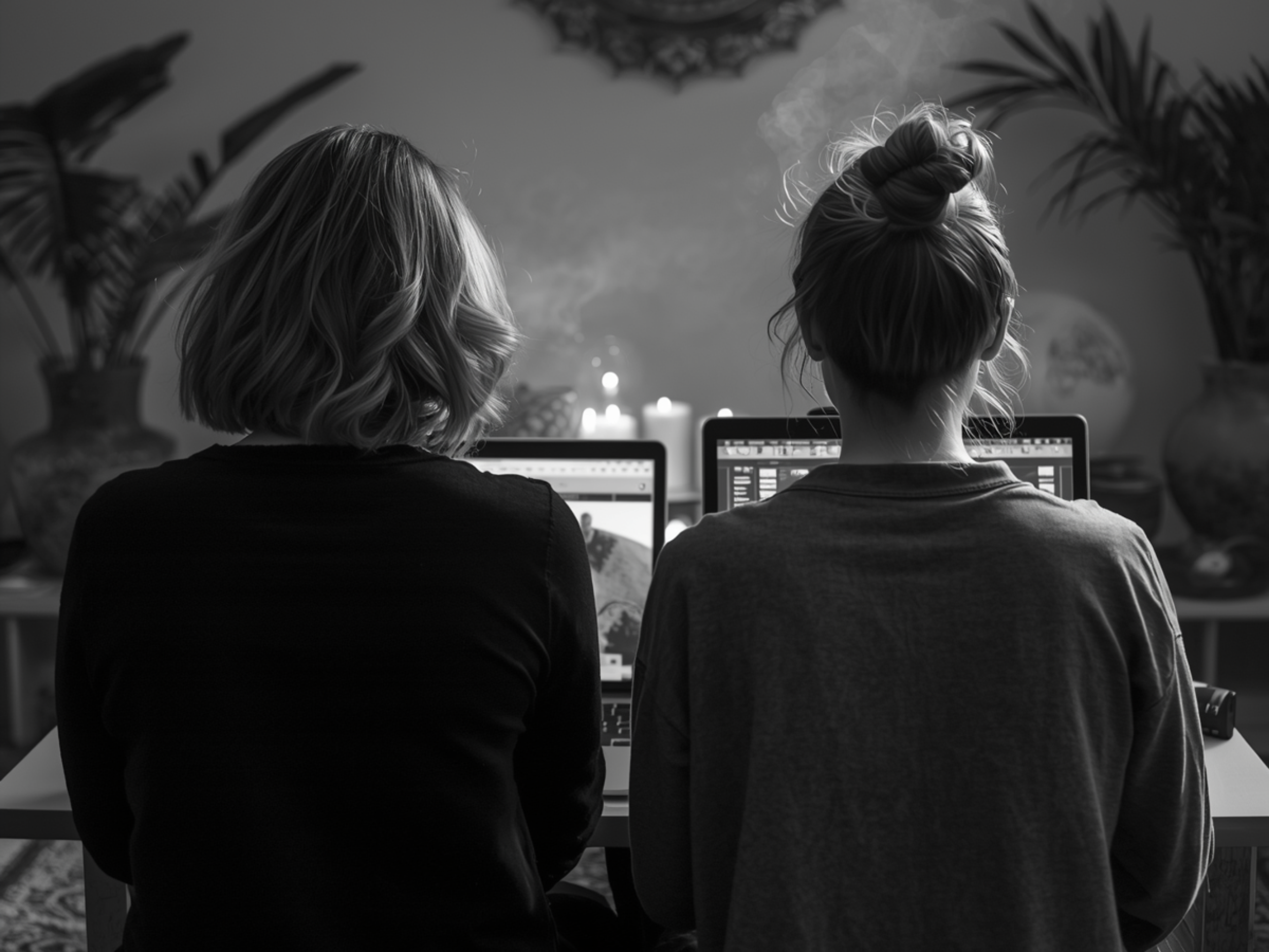 Two women with short and long bleached hair, sitting at a table with laptops, in a room decorated with large potted plants and candles, looking at a wall hanging with a bat design.