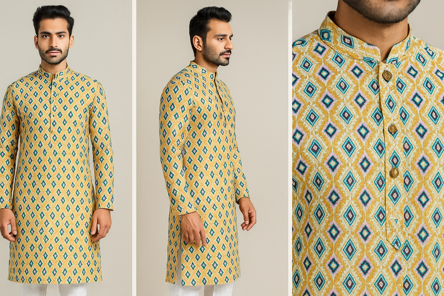 A man wearing a yellow patterned kurta with a closed collar and brown buttons, shown in front and side views, with close-up of the fabric pattern.