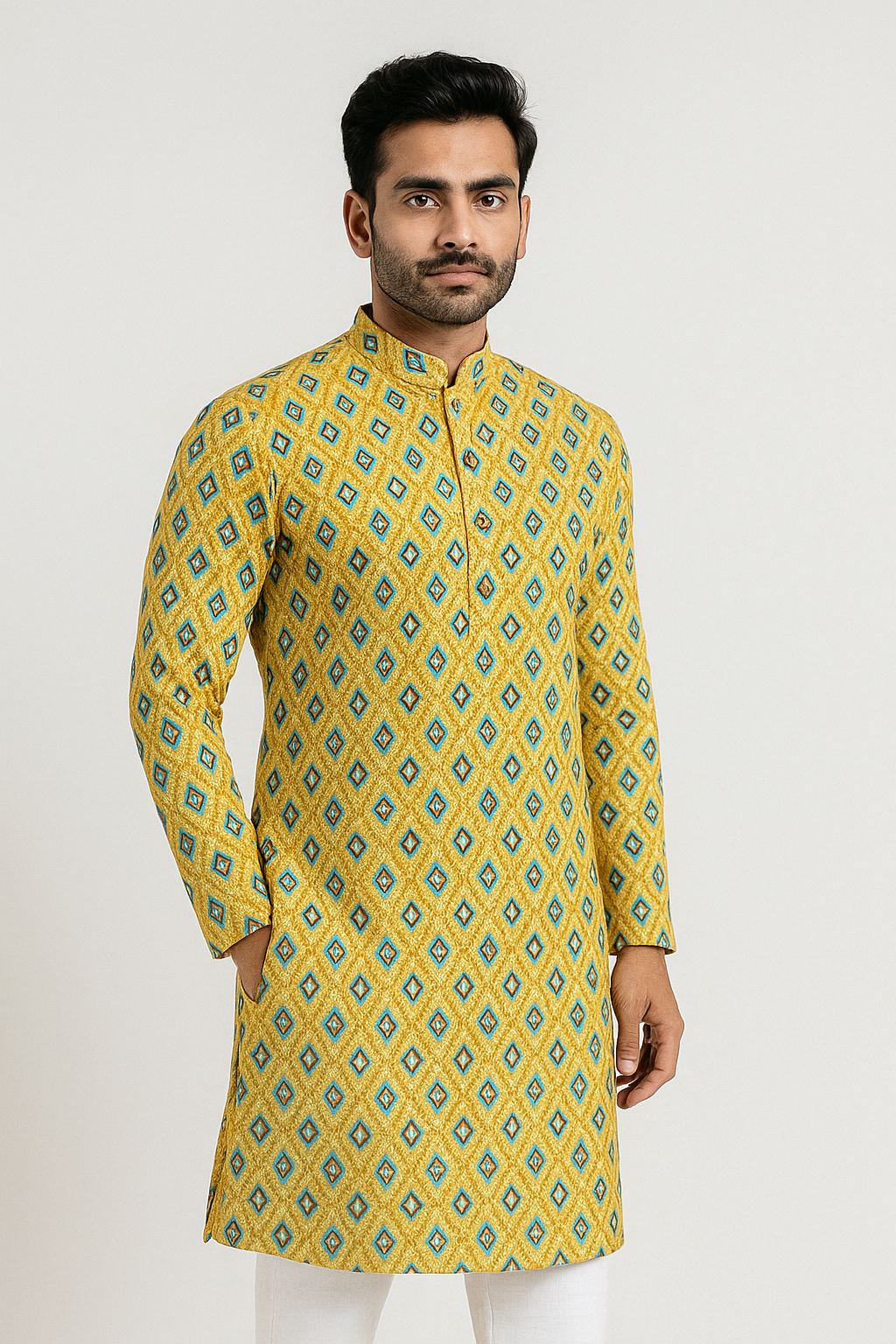 A man wearing a yellow traditional Indian kurta with blue and black geometric diamond patterns, standing against a plain light gray background.