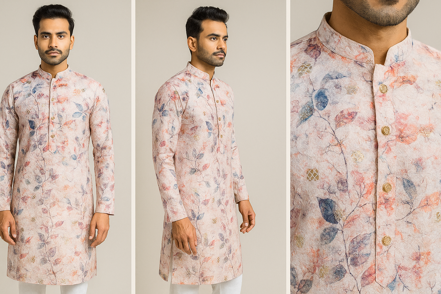A man wearing a peach-colored traditional Indian kurta with a floral and leaf pattern in shades of blue, pink, and gold, featuring a mandarin collar and gold buttons, standing against a plain background in a three-part photo.
