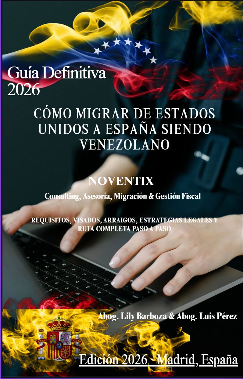 Portada de una guía titulada "Guía Definitiva 2026" sobre cómo emigrar de Estados Unidos a España siendo venezolano. Incluye información de requisitos, visas, trámites, estrategias legales y ruta paso a paso, con logos de abogados y la bandera de Venezuela, el escudo de España y una bandera con humo en colores amarillo, rojo y azul.