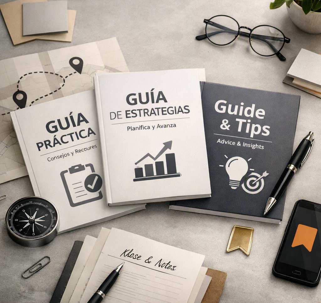 Tres libros en español y en inglés sobre estrategias y consejos, rodeados de objetos de oficina como una brújula, gafas, notas, clip y teléfono inteligente en una mesa de trabajo.