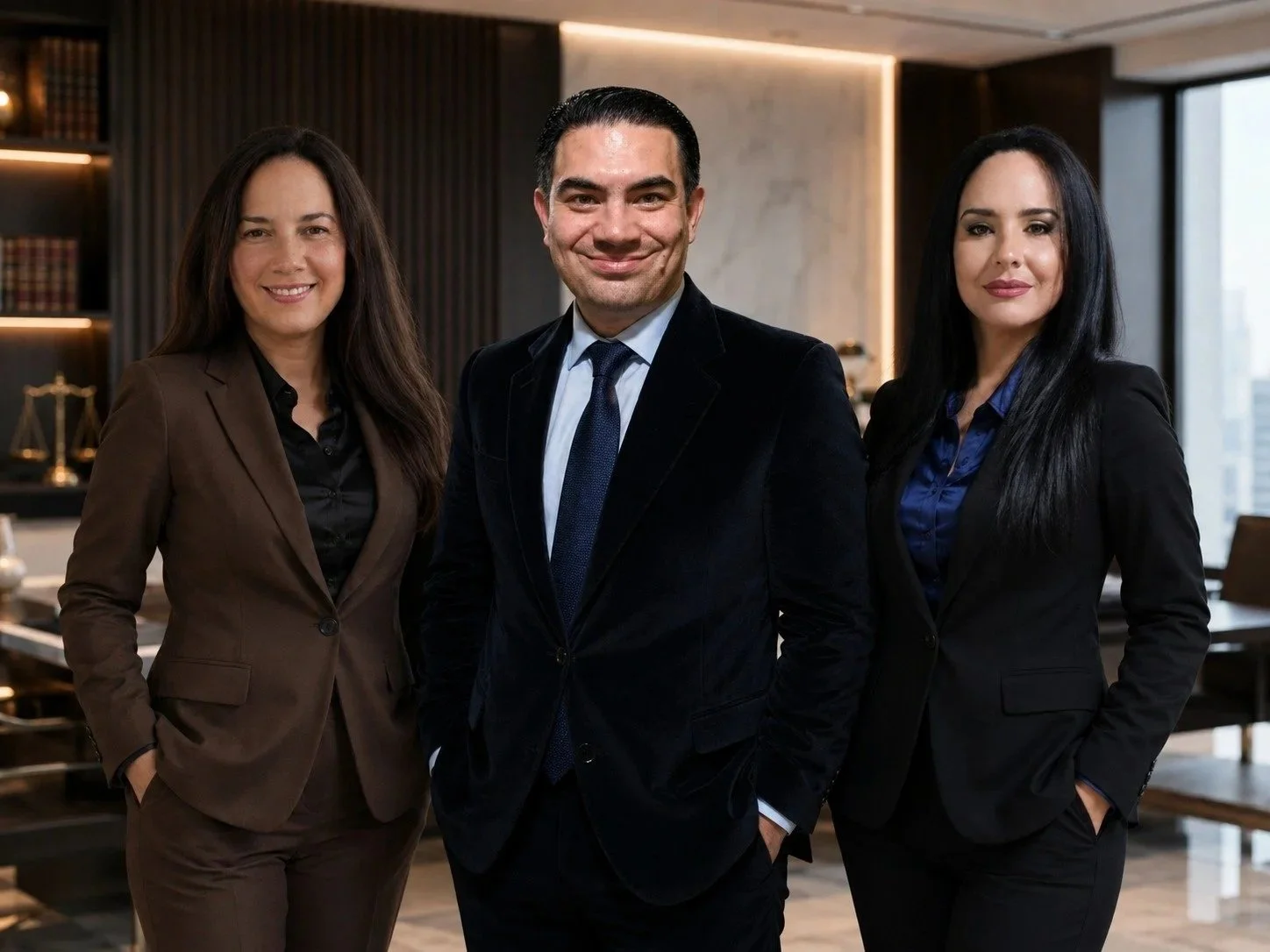 Tres profesionales en un entorno de oficina, dos mujeres y un hombre, vestidos formalmente y sonriendo.