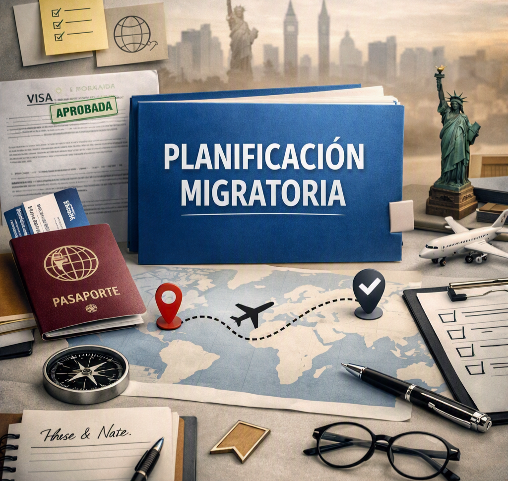 Documentos y herramientas para la planificación migratoria, incluyendo pasaporte, prueba aprobada en visa, mapa con ruta y símbolos de vuelo, Estatua de la Libertad y modelos de aviones, con escritorio, libreta, bolígrafo, gafas y clip, en un fondo de ciudad.
