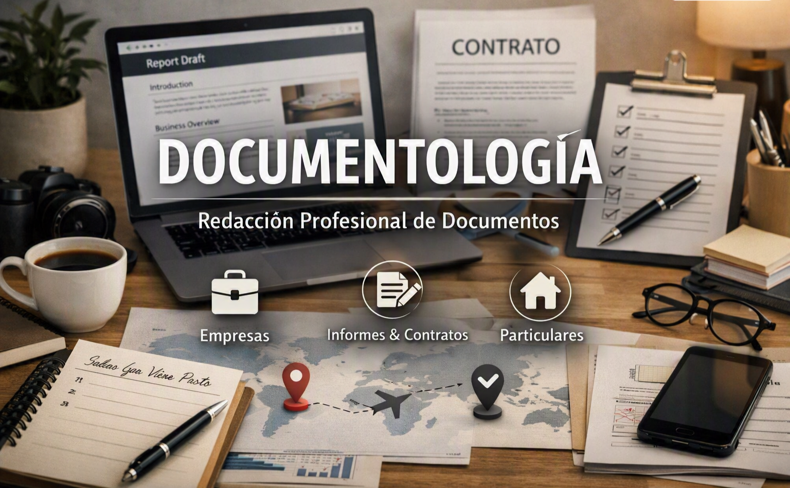 Imagen de una mesa de trabajo con documentos, laptop, libros, cuaderno, pluma, café, gafas, teléfono y utensilios de oficina, con texto superpuesto que dice 'Documentología: Redacción Profesional de Documentos' y iconos que representan empresas, informes y contratos, y particulares.