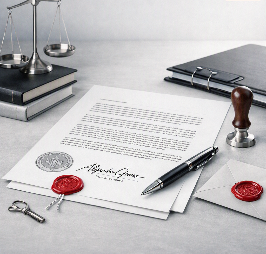 Documento legal firmado, con sello y firma, acompañado de un bolígrafo, en una mesa con libros, carpeta, sello, y sobre con sello, en un entorno de oficina.