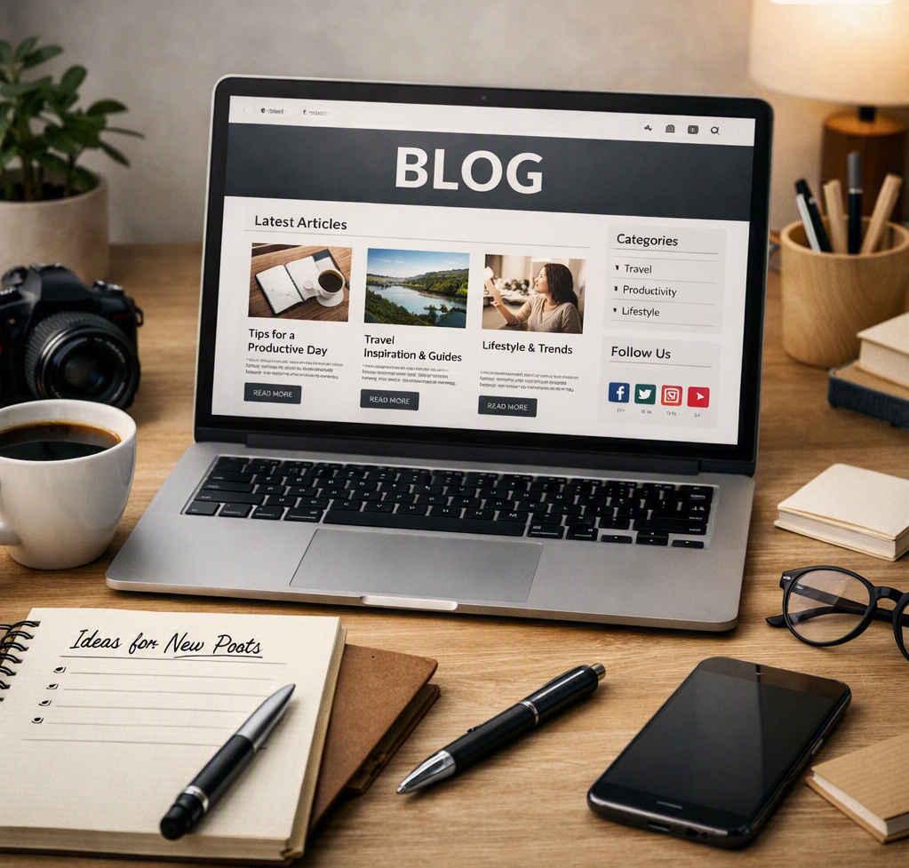 Una computadora portátil en una mesa mostrando un blog con artículos sobre viajes, productividad y estilo de vida. Al lado hay una taza de café, una cámara, un teléfono móvil, gafas, y cuadernos con bolígrafos. También hay una planta y una lámpara en el fondo.