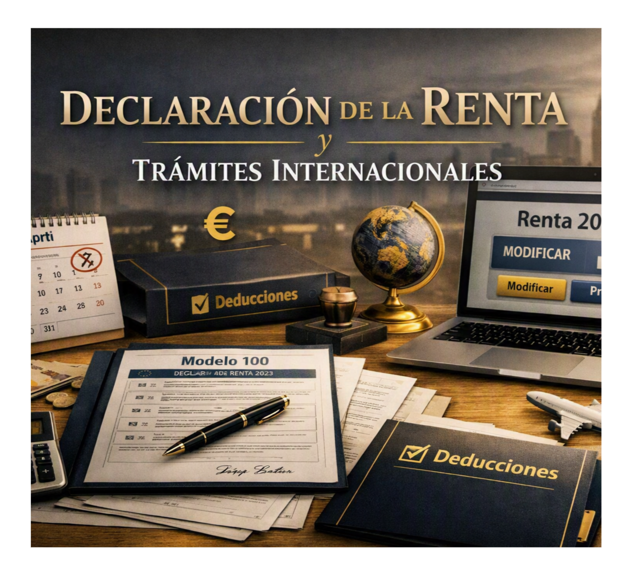 Imagen de una oficina con documentos, una calculadora, una laptop y objetos relacionados con declaraciones de impuestos y deducciones. El texto en la imagen dice 'Declaración de la Renta y Trámites Internacionales'.