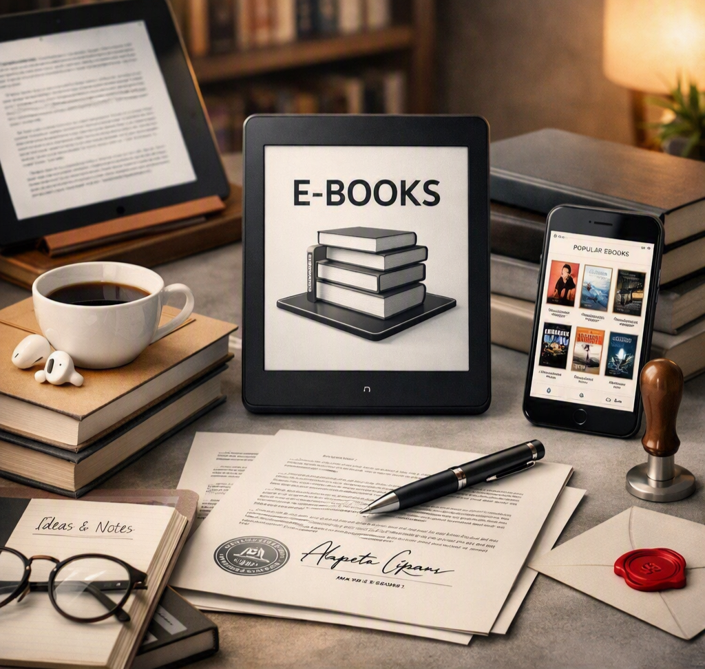 Mesa de trabajo con dispositivos electrónicos y materiales en papel, incluyendo una tableta con la palabra 'E-BOOKS' y una pila de libros digitales, un teléfono móvil mostrando una selección de libros electrónicos, una taza de café, gafas, un bolígrafo, y varias pilas de libros físicos y notas.