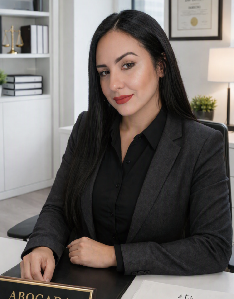 Mujer de negocios con cabello largo y oscuro, vestida con saco gris y blusa negra, en oficina moderna con estantes blancos, libros, diplomas y plantas green.