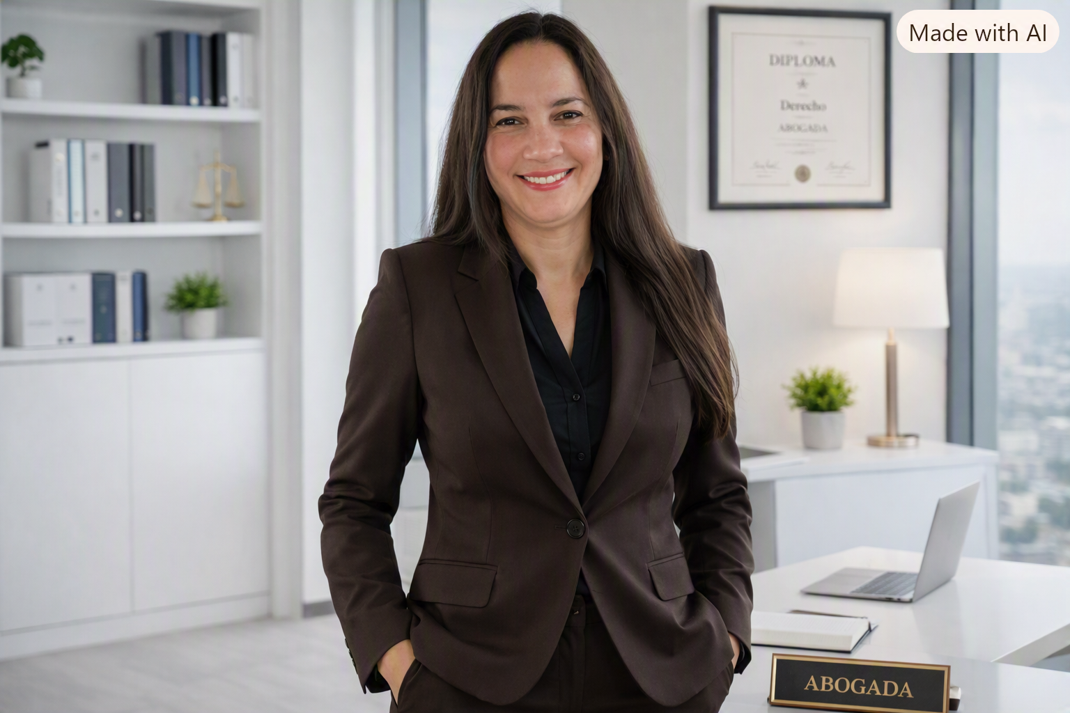 Una mujer de cabello largo y oscuro, vestida con traje pantalón oscuro, sonriendo en una oficina moderna con estanterías blancas, diploma en la pared y una mesa con una laptop y un libro, con un cartel que dice "ABOGADA".