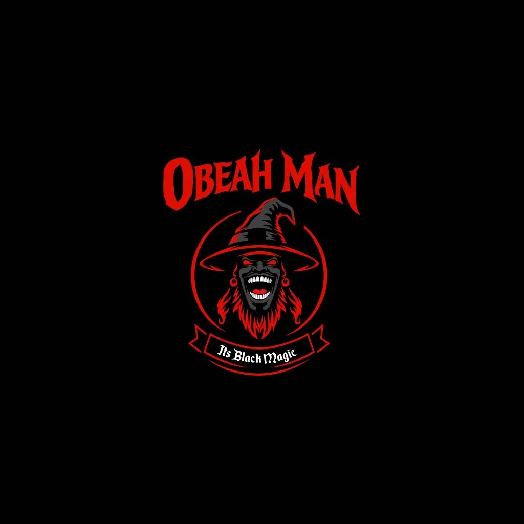A black background with a red and black logo featuring a grinning witch doctor with a beard and earrings, wearing a pointed hat. Above the witch , the text says 'Obeah Man' in red, stylized font. Below, a banner reads 'Its Black Magic' in white font.