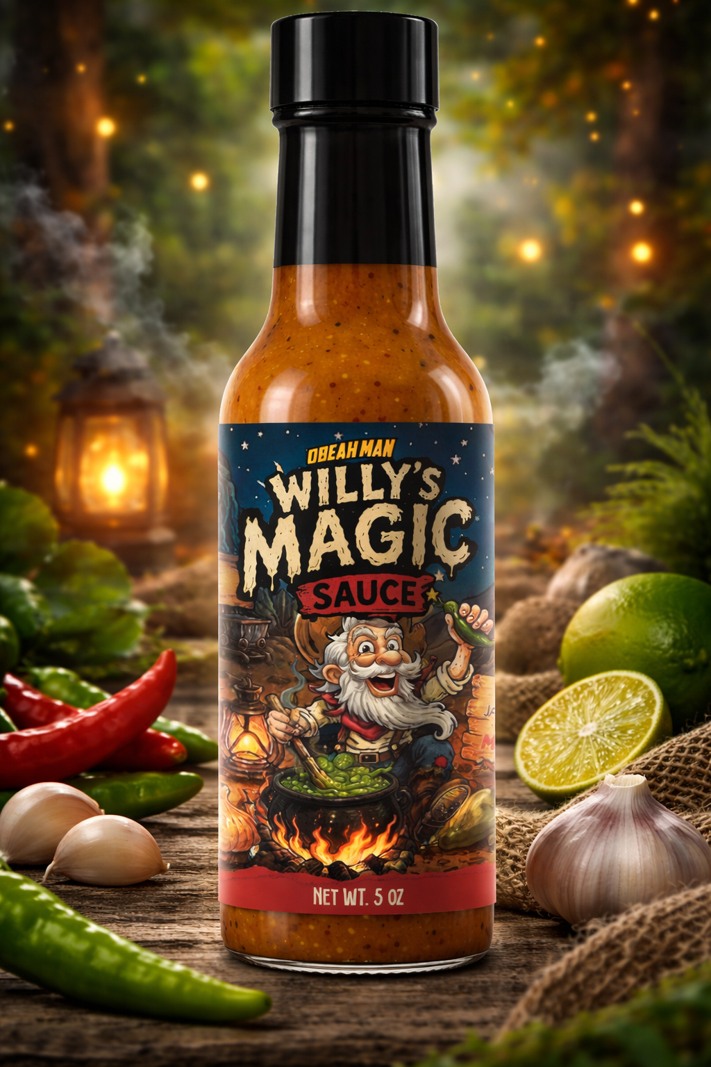 A bottle of Willy's Magic Sauce with a cartoon prospector stirring a pot on the label, surrounded by fresh garlic, limes, and chili peppers on a rustic wooden surface outdoors with lanterns and glowing lights in the background.