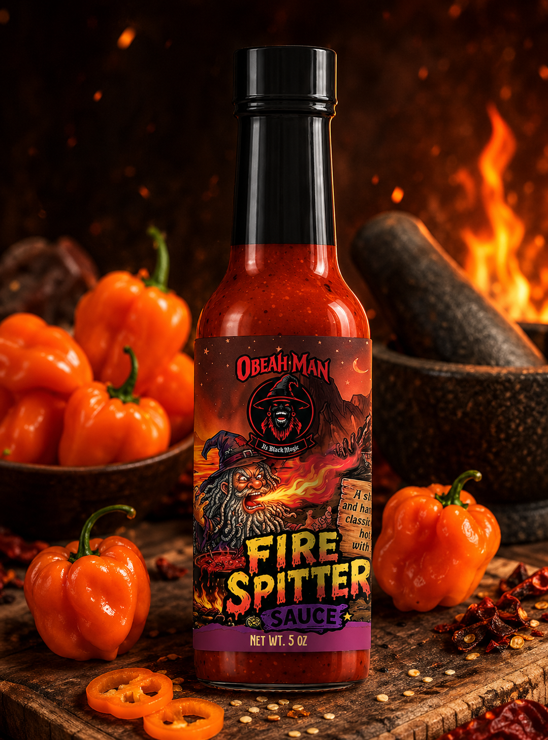 A bottle of Fire Spitter hot sauce labeled 'Obeah Man' with a witch and fire-themed design, surrounded by orange peppers, sliced peppers, and chili seeds, with a fiery background.