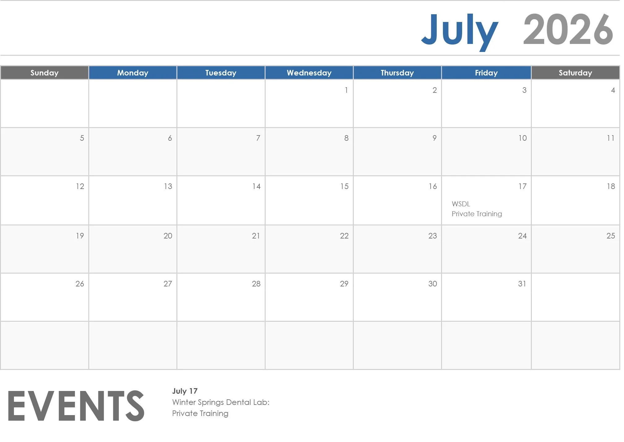 July 2026 calendar with events and appointments marked, including WSDL Private Training on July 17th, large stylized text reading 'EVENTS' partially visible at the bottom.
