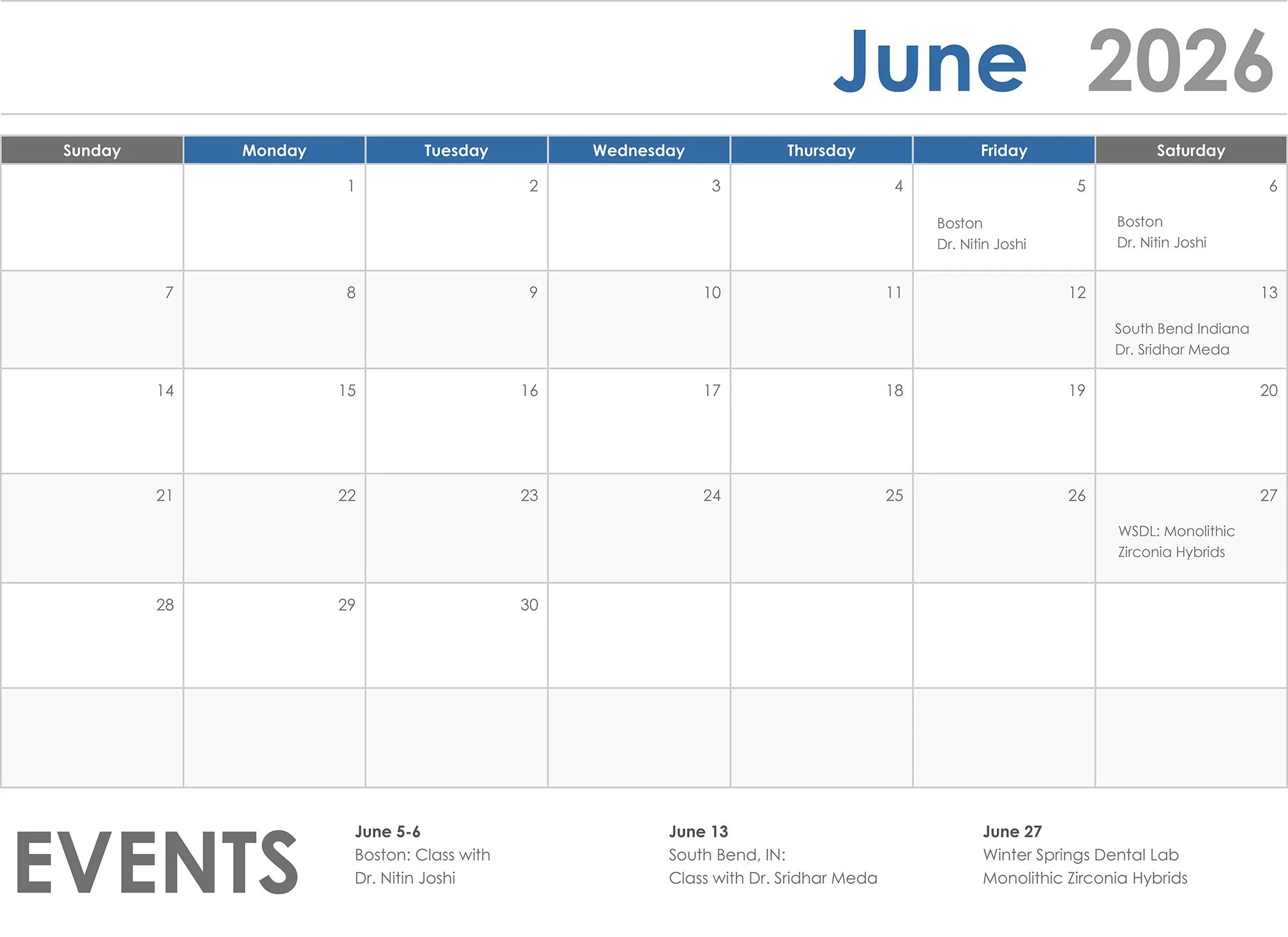 A calendar page for June 2026 showing event details on specific dates, with the focus on the month and week layout.