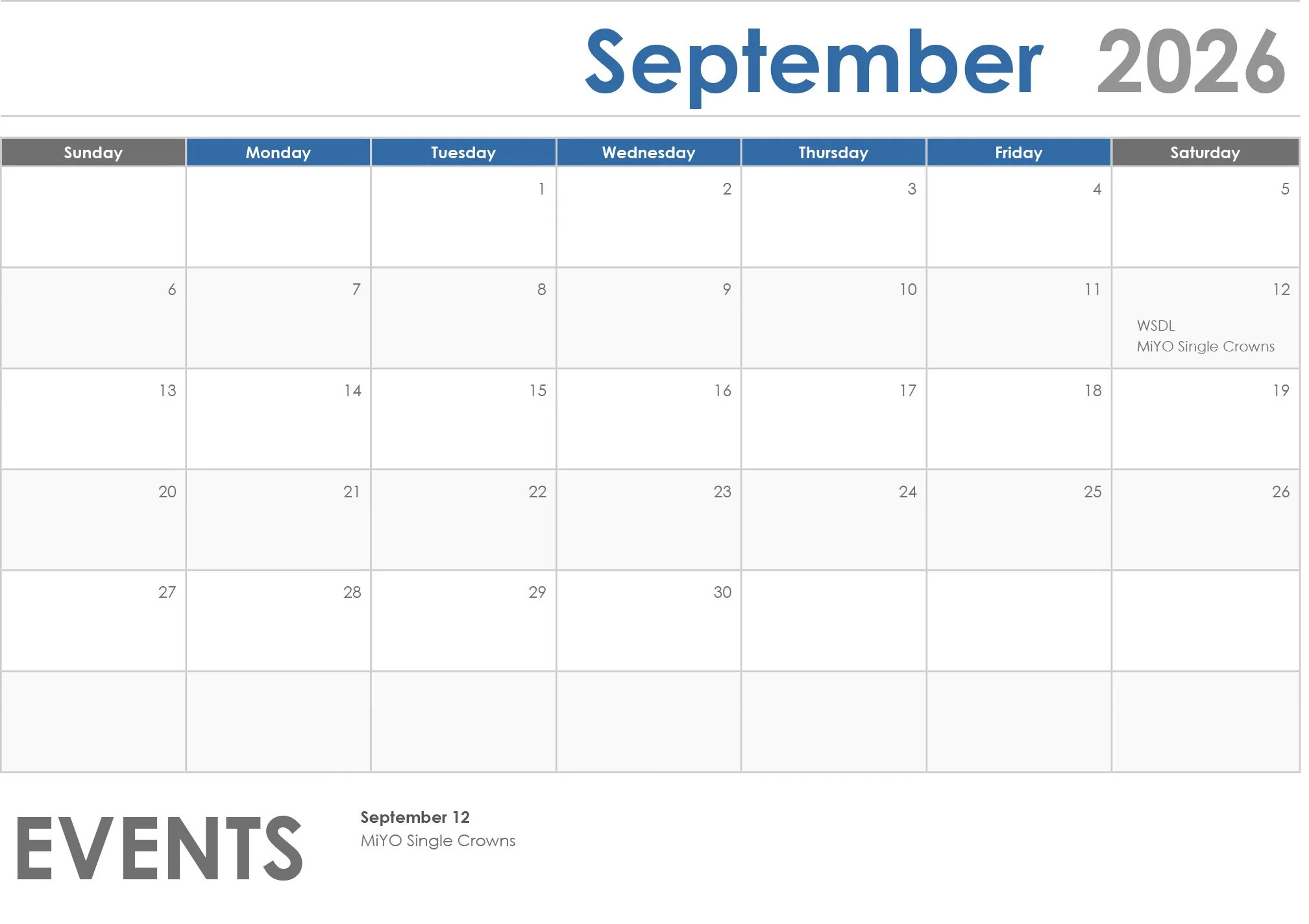 August 2026 calendar with event on September 12 labeled 'MiYO Single Crowns'.