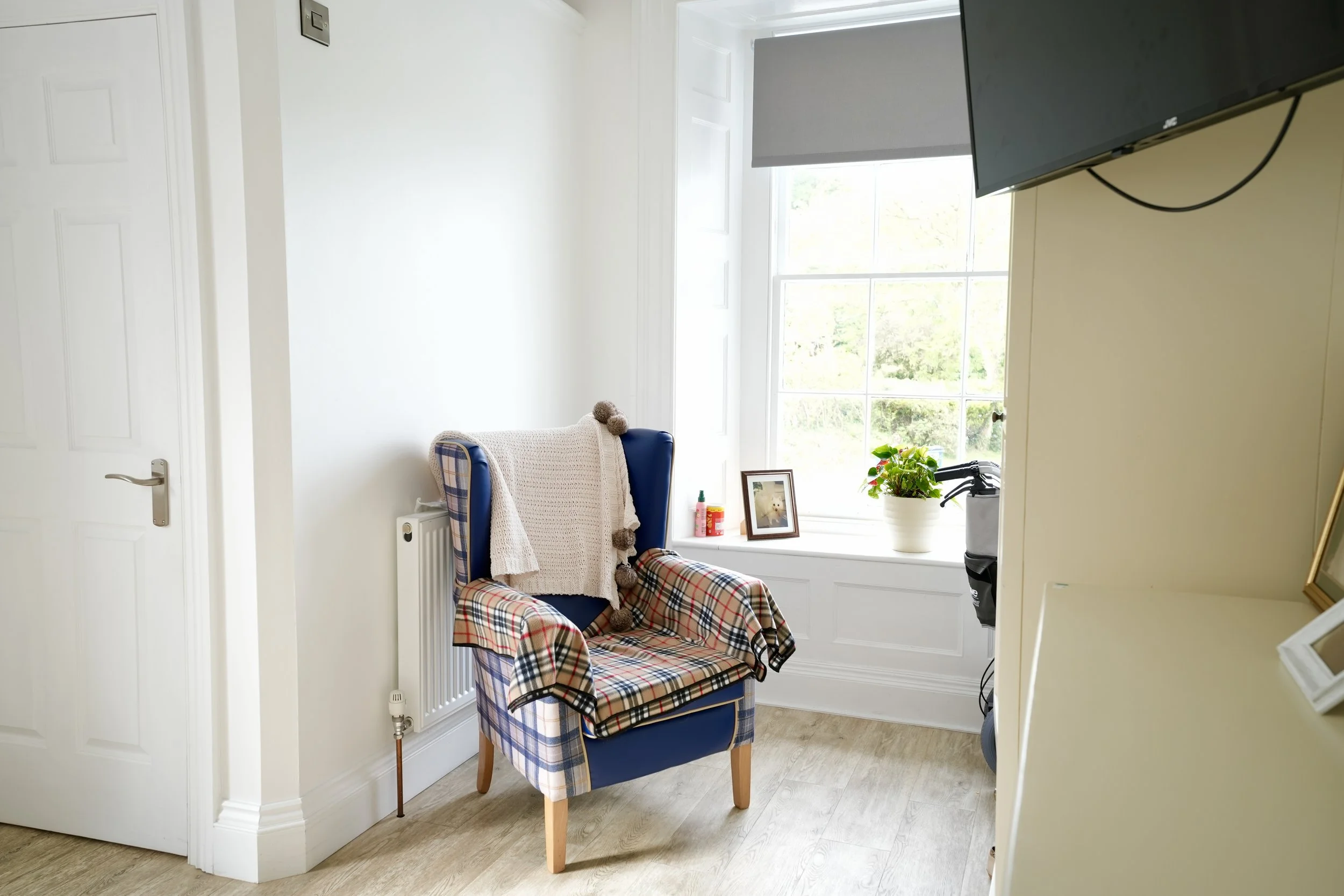 Bright corner of a room with a beige and plaid armchair, a window with gray blinds, a potted plant, picture frame, and personal items. A white door and radiator are visible.