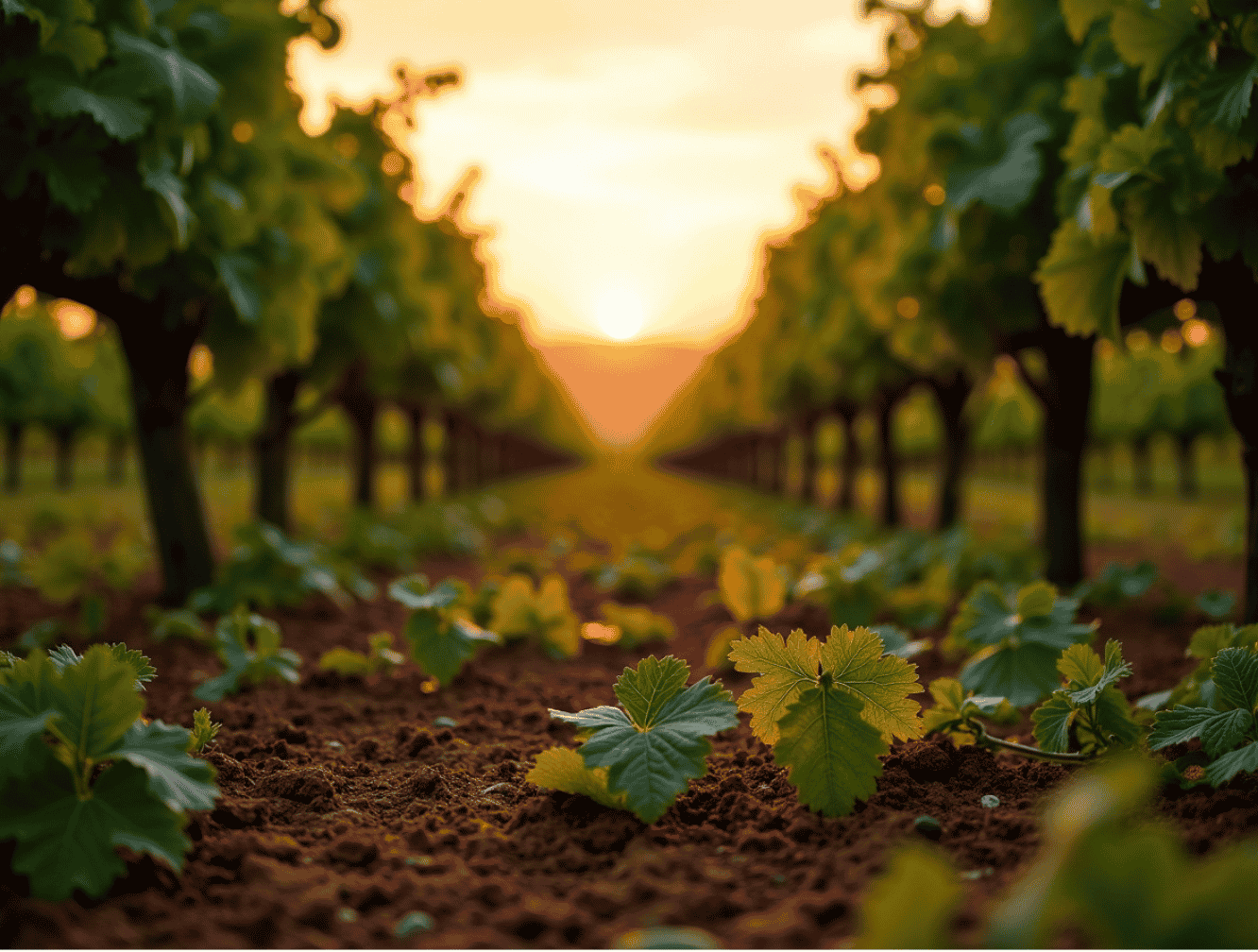 Vineyard rows at sunset with grape leaves in the foreground and the sun setting on the horizon.