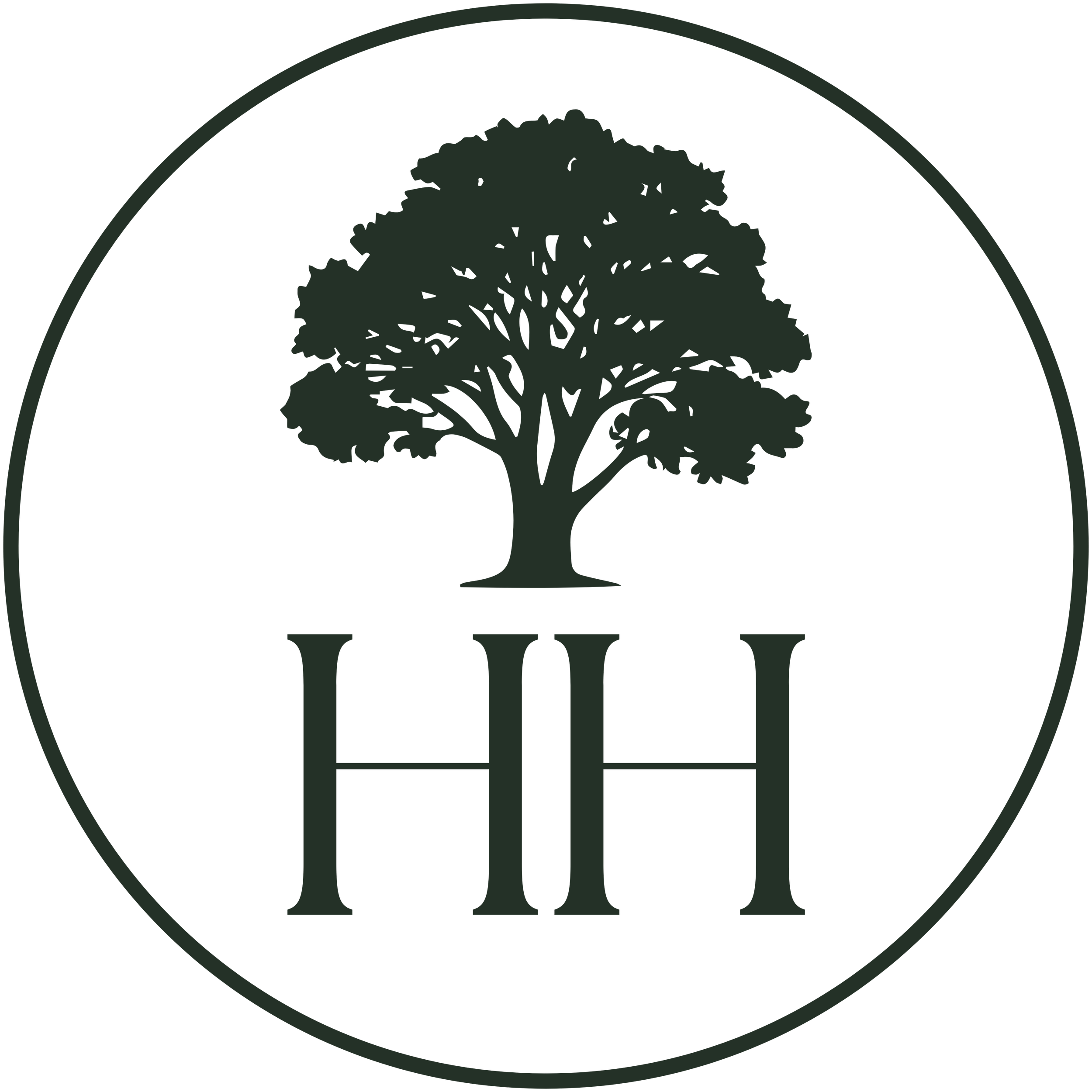 HH England logo. A dark green circular logo with a green silhouette of an oak tree in the center and and two uppercase serif letter Hs.