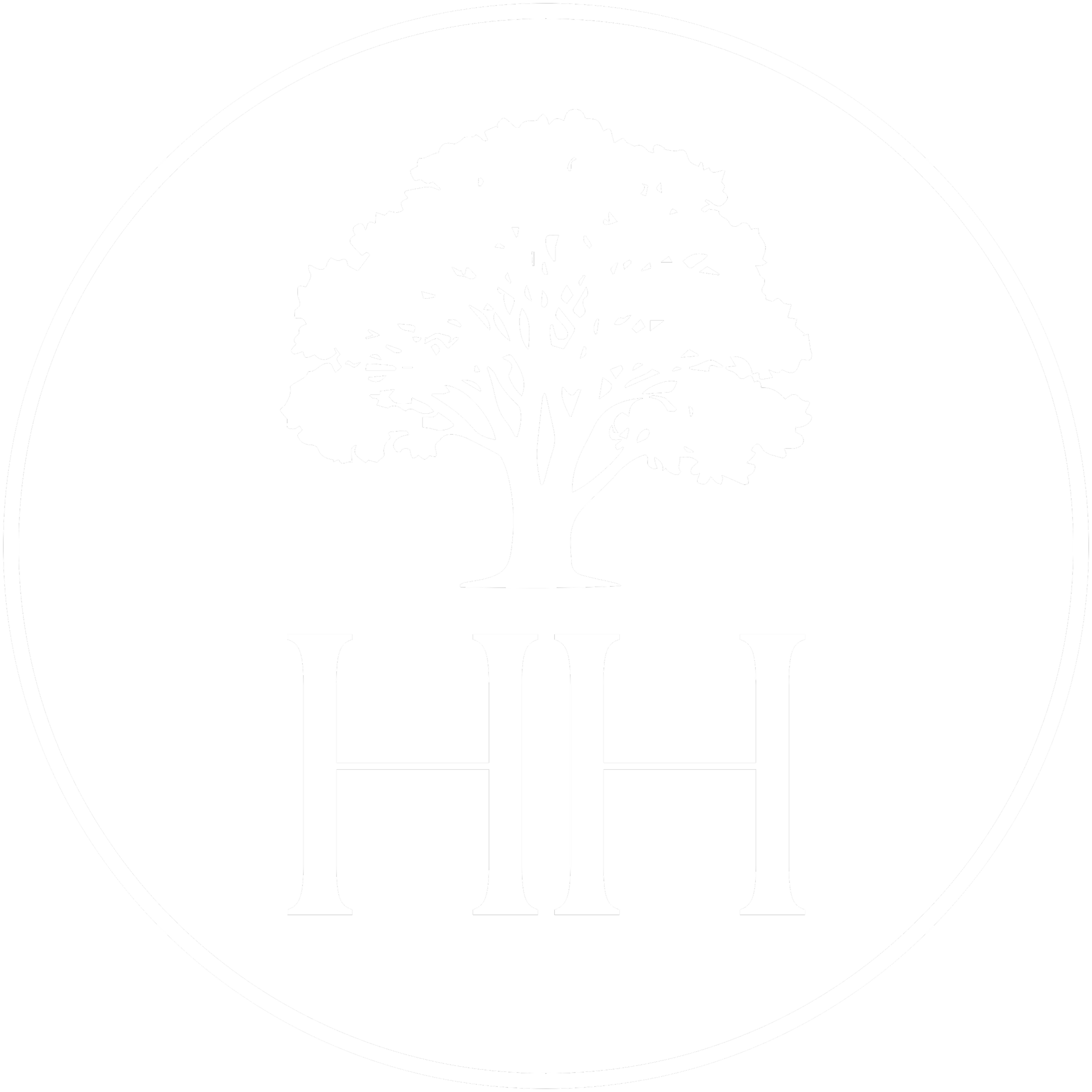 HH England logo. A white circular logo with a green silhouette of an oak tree in the center and and two uppercase serif letter Hs.