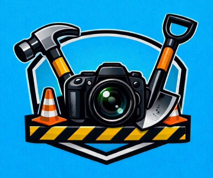 Illustration of a camera with construction tools and cones, set on a construction-like base against a blue background.