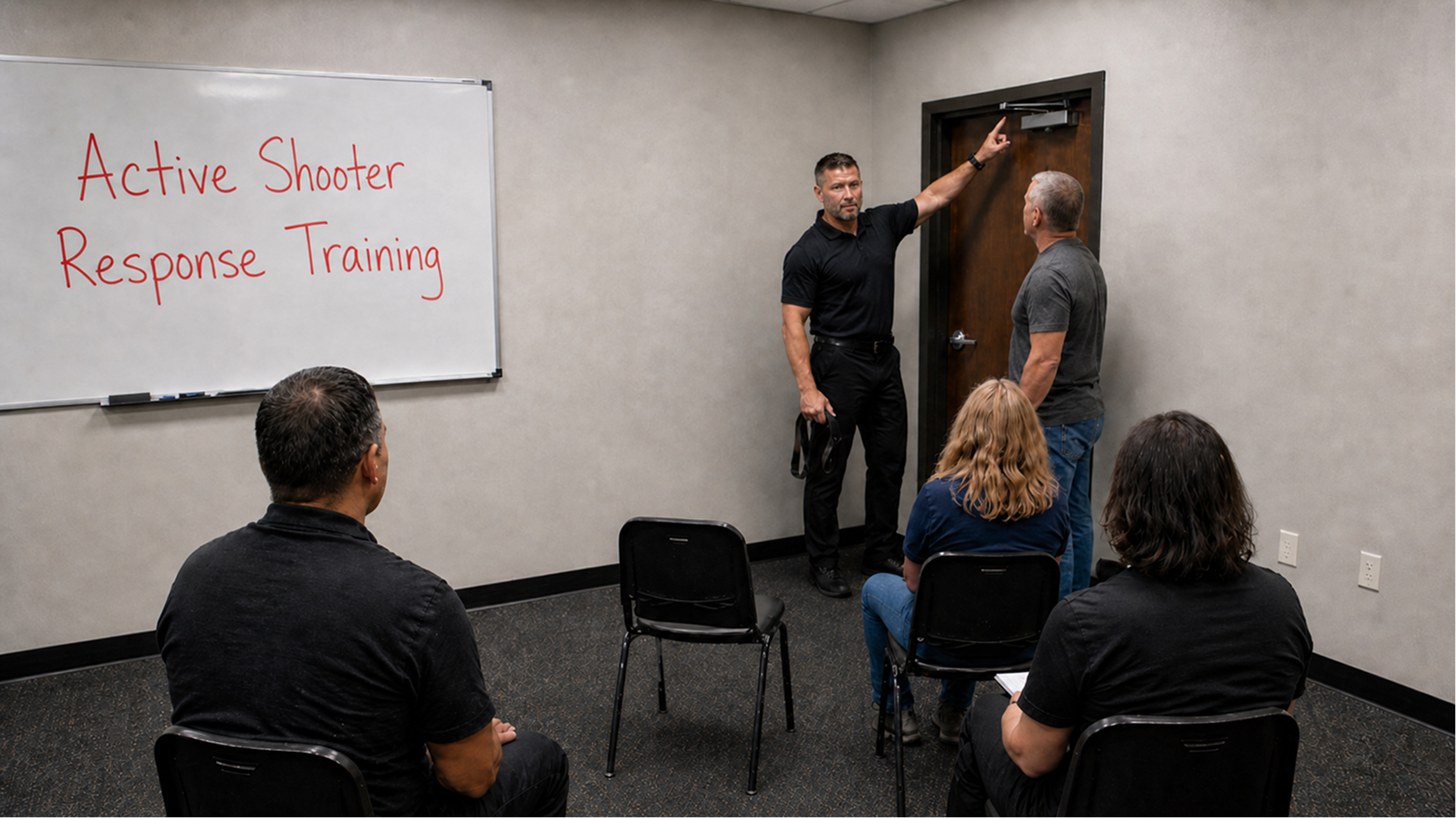 A trainer giving a presentation on active shooter response training while four participants listen, seated in chairs in a small room.