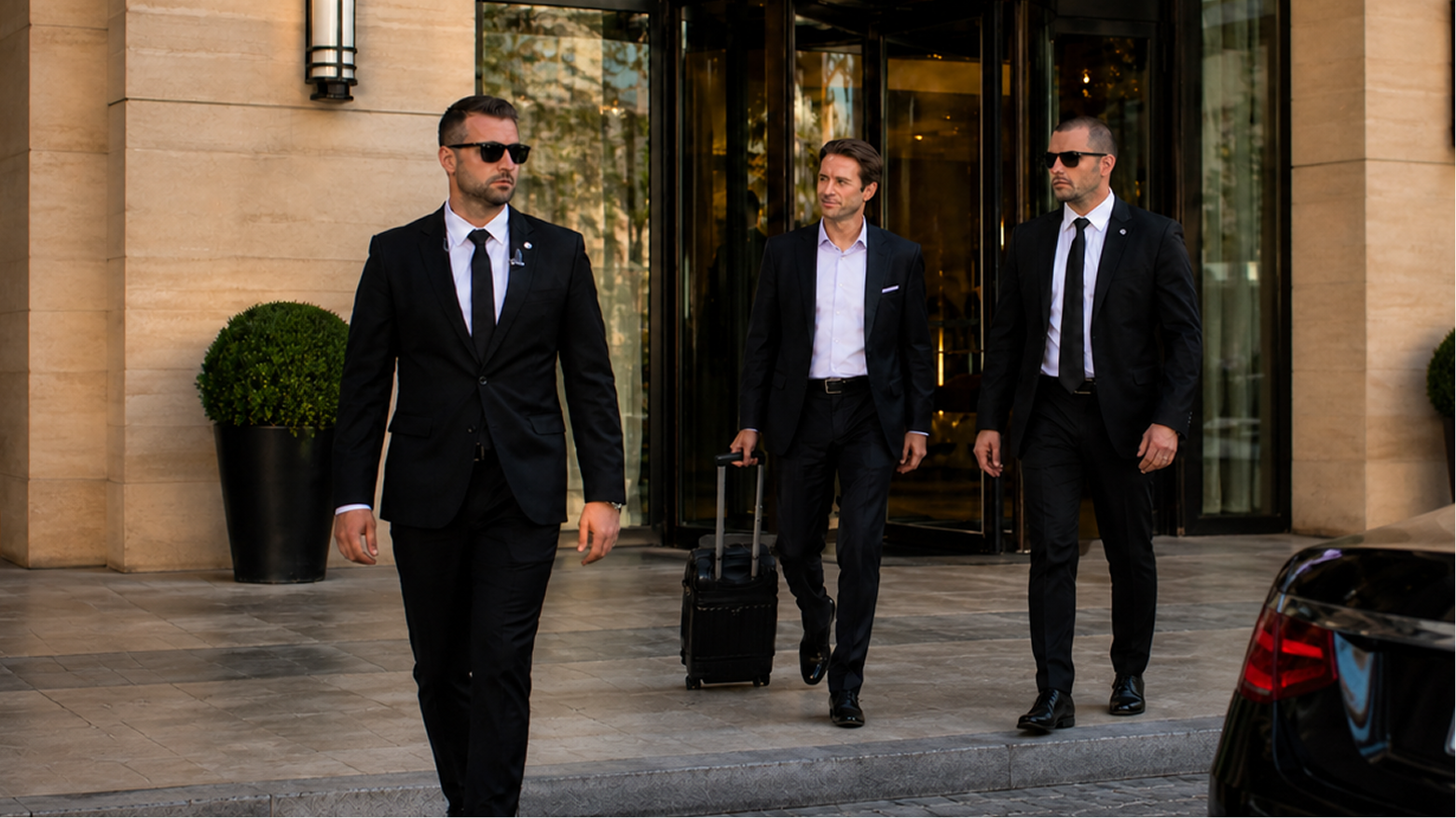 Three men dressed in black suits, white shirts, and black ties, with two wearing sunglasses, walking out of a hotel entrance. One man in the middle is pulling a small rolling suitcase.