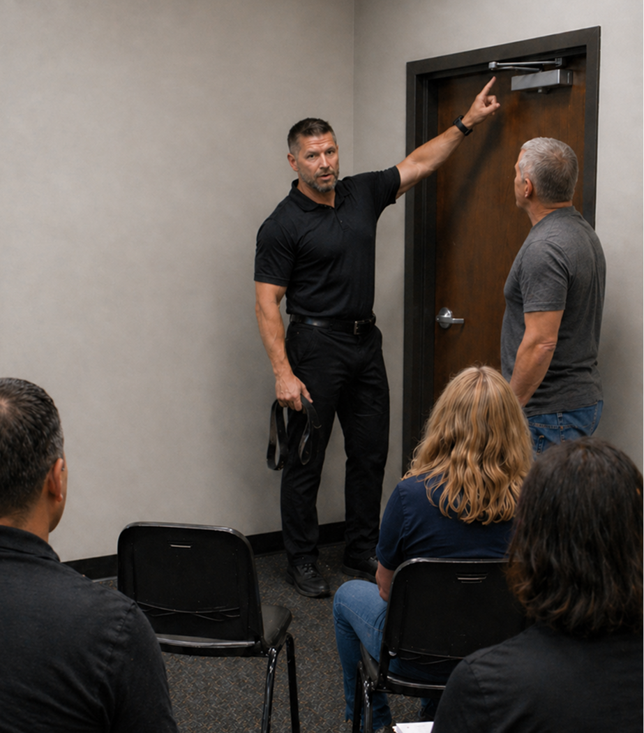 Man in black shirt giving a presentation to a group of people in a small room, pointing at a door marker, holding a strap in his left hand.