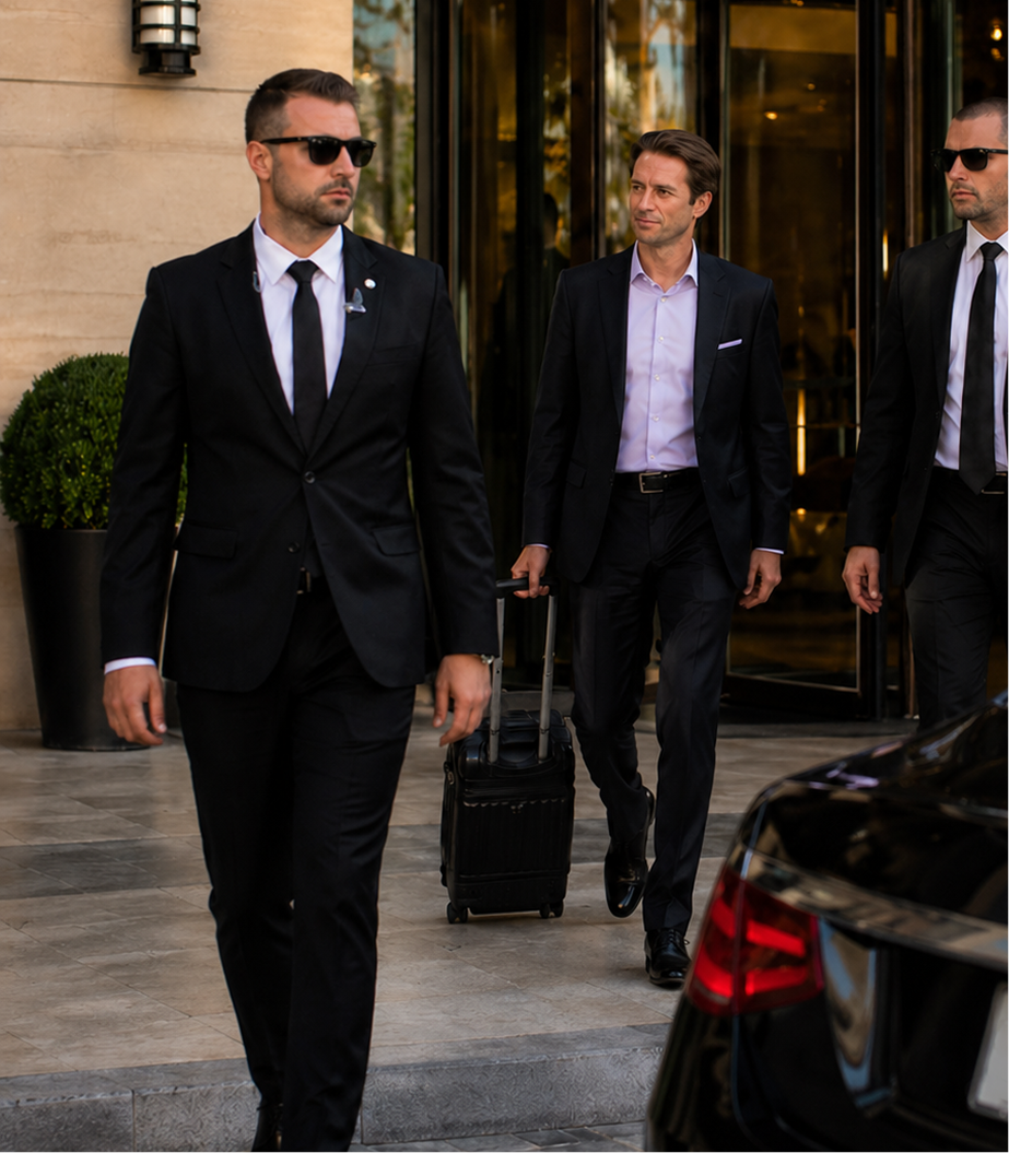 Three men in suits walking outside a building, one with sunglasses and carrying a rolling suitcase.