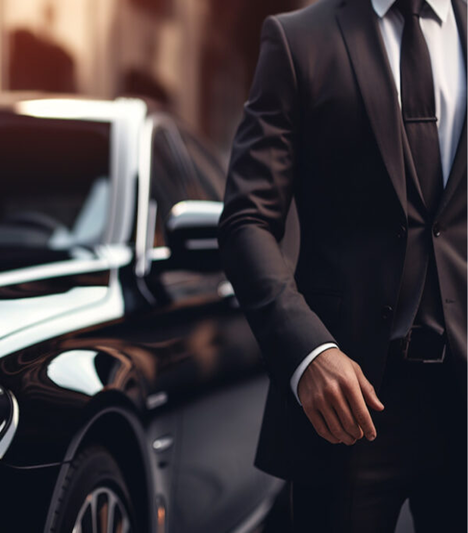 Close-up of a man in a black suit standing next to a luxury black car.