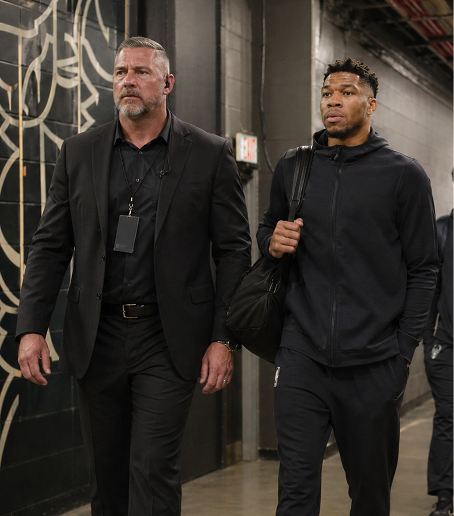 Two men walking down a hallway, one dressed in a black suit with a badge hanging around his neck, the other in a black hoodie and pants, carrying a black bag, in an industrial setting with black walls and red piping.