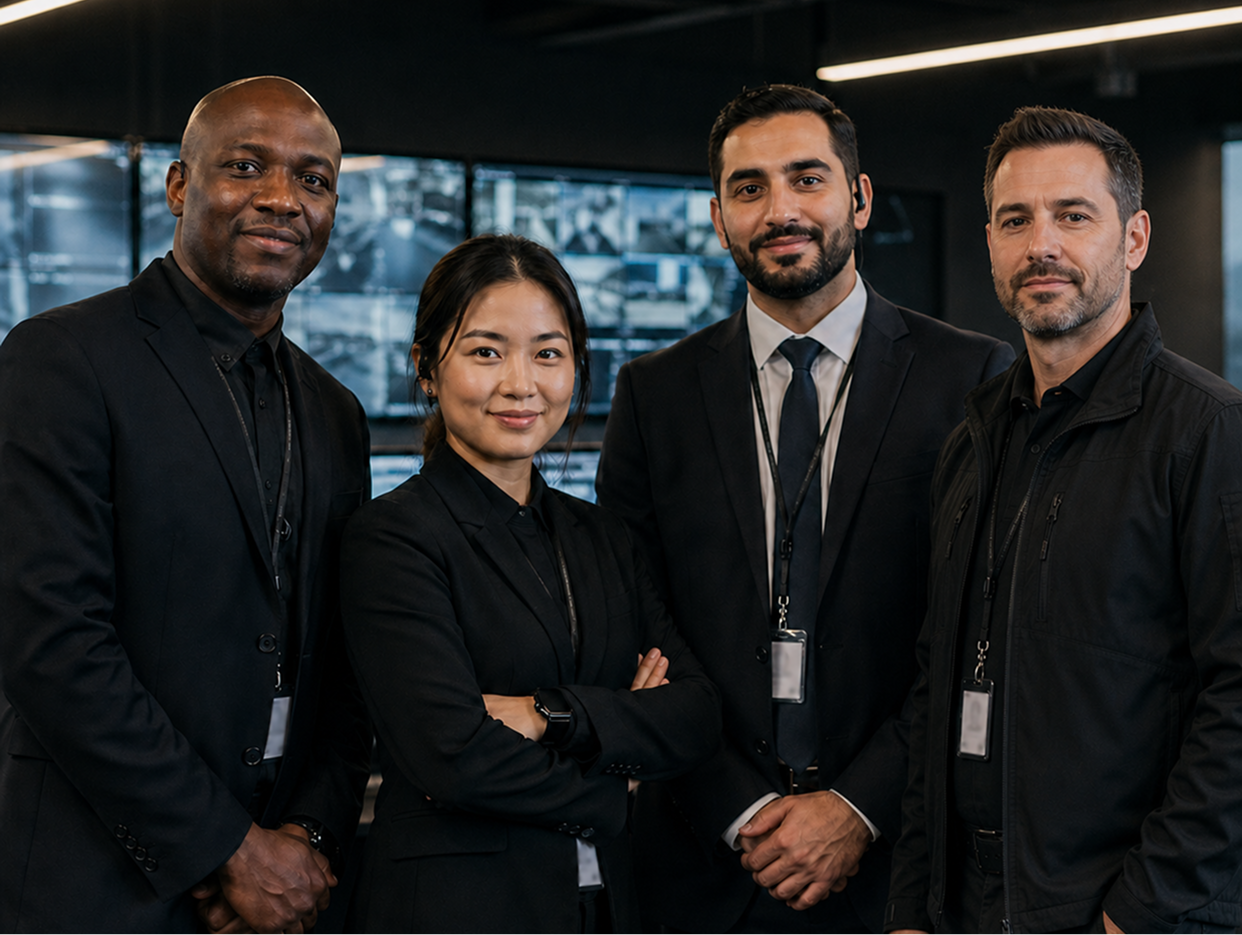 Group of four diverse professionals in dark suits and casual jackets in a modern office, looking at the camera.