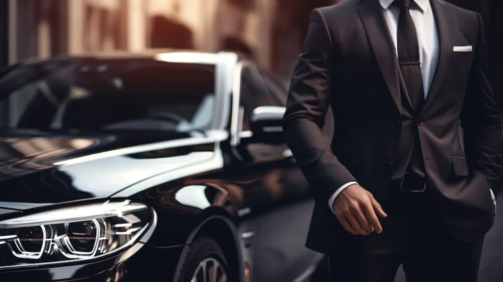 A man in a dark suit standing next to a black luxury car with a shiny exterior.