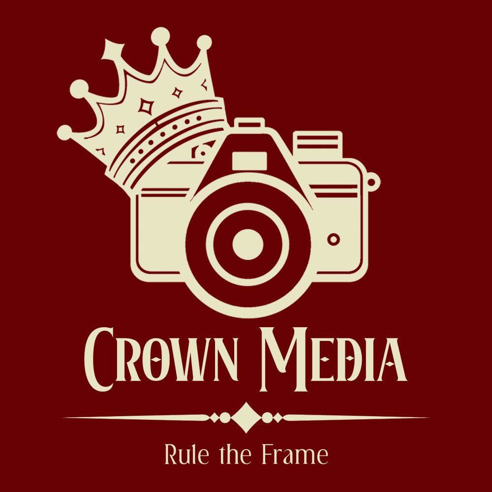 Logo for Crown Media featuring a camera and a crown, with the text 'Crown Media' and 'Rule the Frame' on a maroon background.