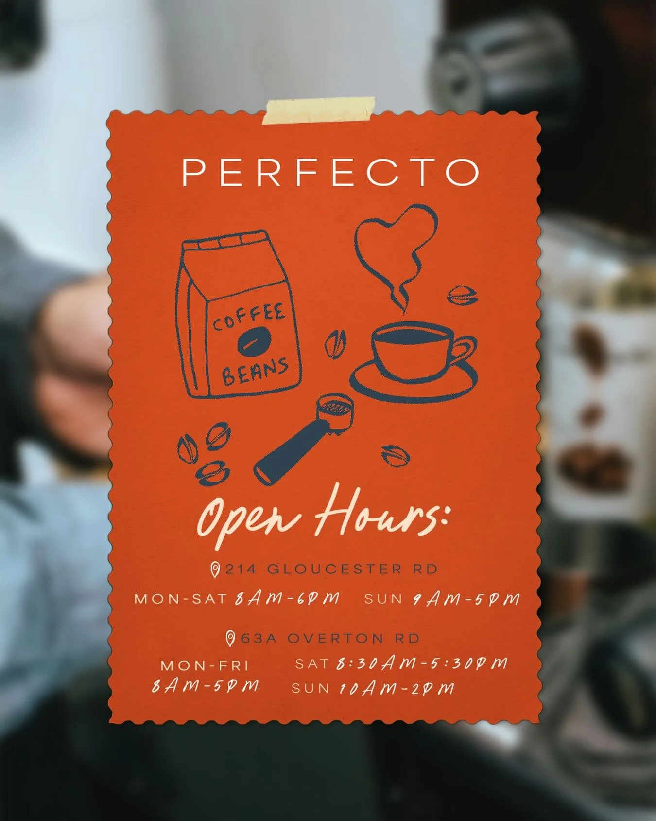 here when you need it &mdash; whether it&rsquo;s a slow morning or a quick
stop.
214 Gloucester Rd
Mon&ndash;Sat 8am&ndash;6pm
Sun 9am&ndash;5pm
63A Overton Rd
Mon&ndash;Fri 8am&ndash;5pm
Sat 8:30am&ndash;5:30pm
Sun 10am&ndash;2pm
save this for later