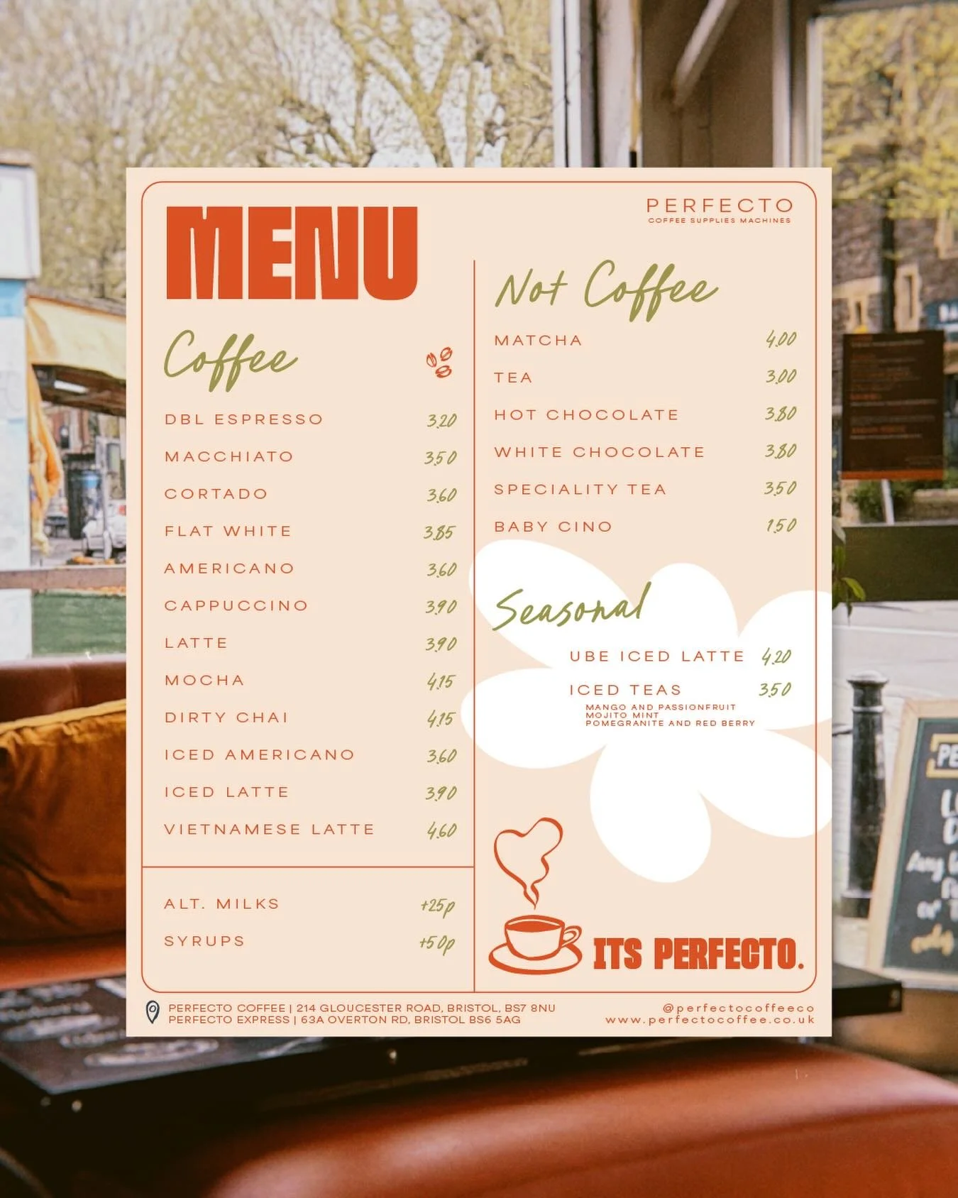 Our menu, all in one place ☕️
Whether you&rsquo;re after a coffee, matcha, something iced, or one of our summer specials, here&rsquo;s everything we currently offer.
