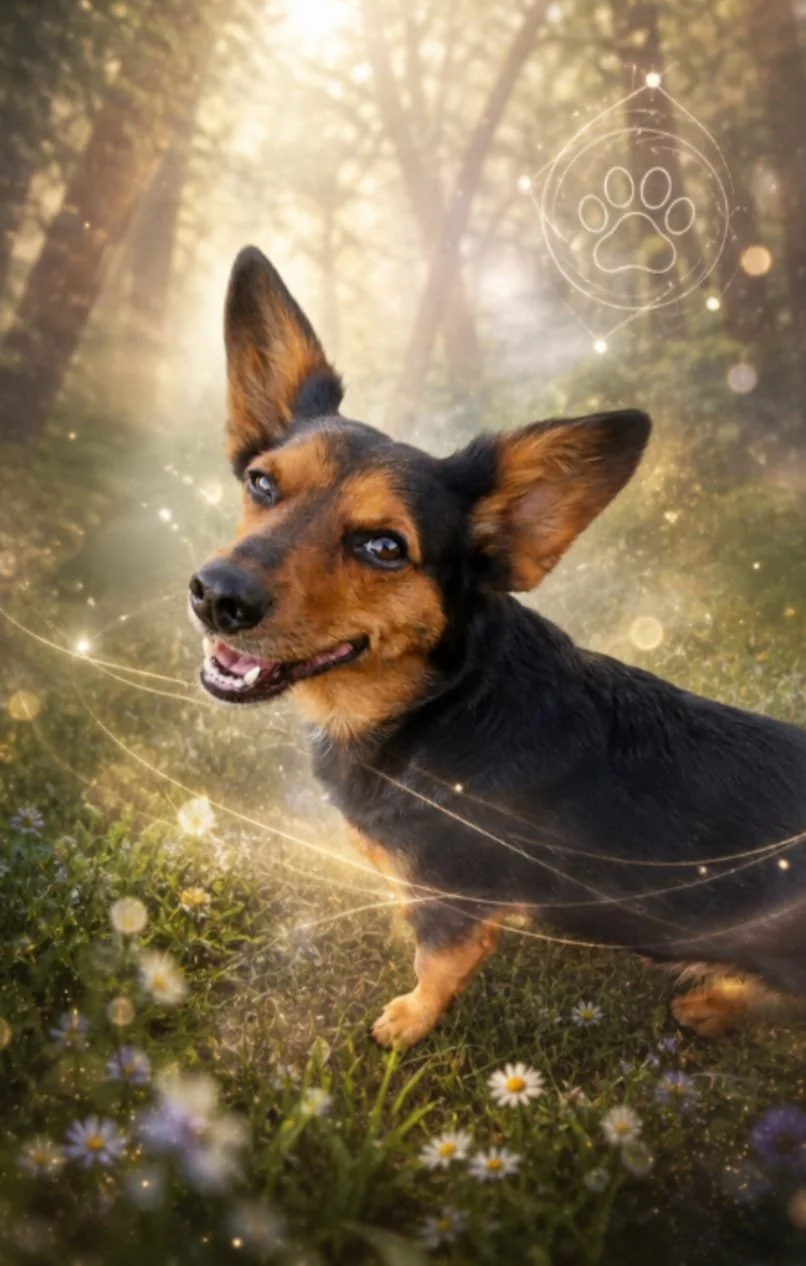 Un chien de race croisée dans un environnement forestier avec des effets lumineux et un symbole de patte dans le fond.