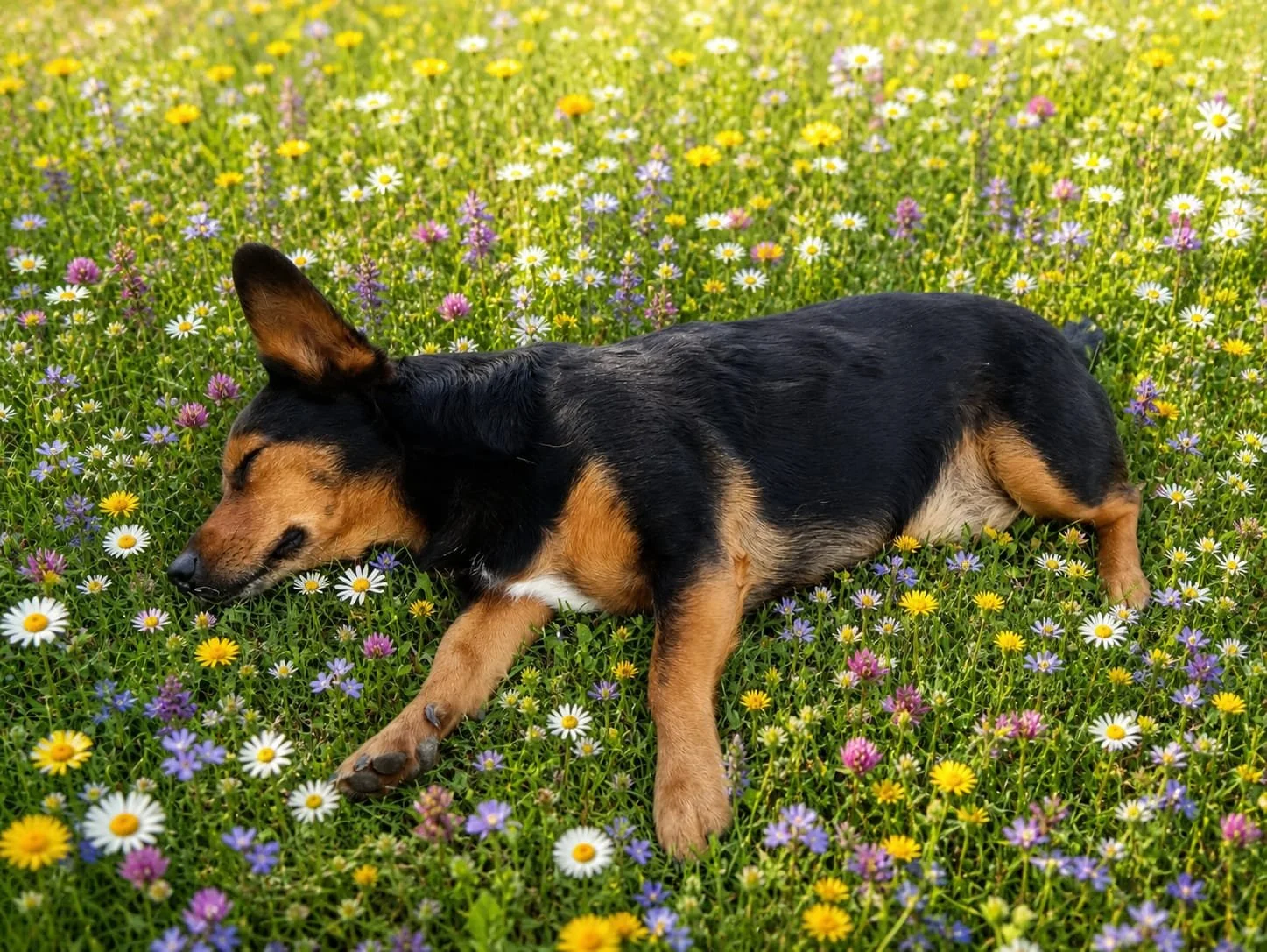Un chien couché dans une prairie de fleurs sauvages colorées, dormant paisiblement.