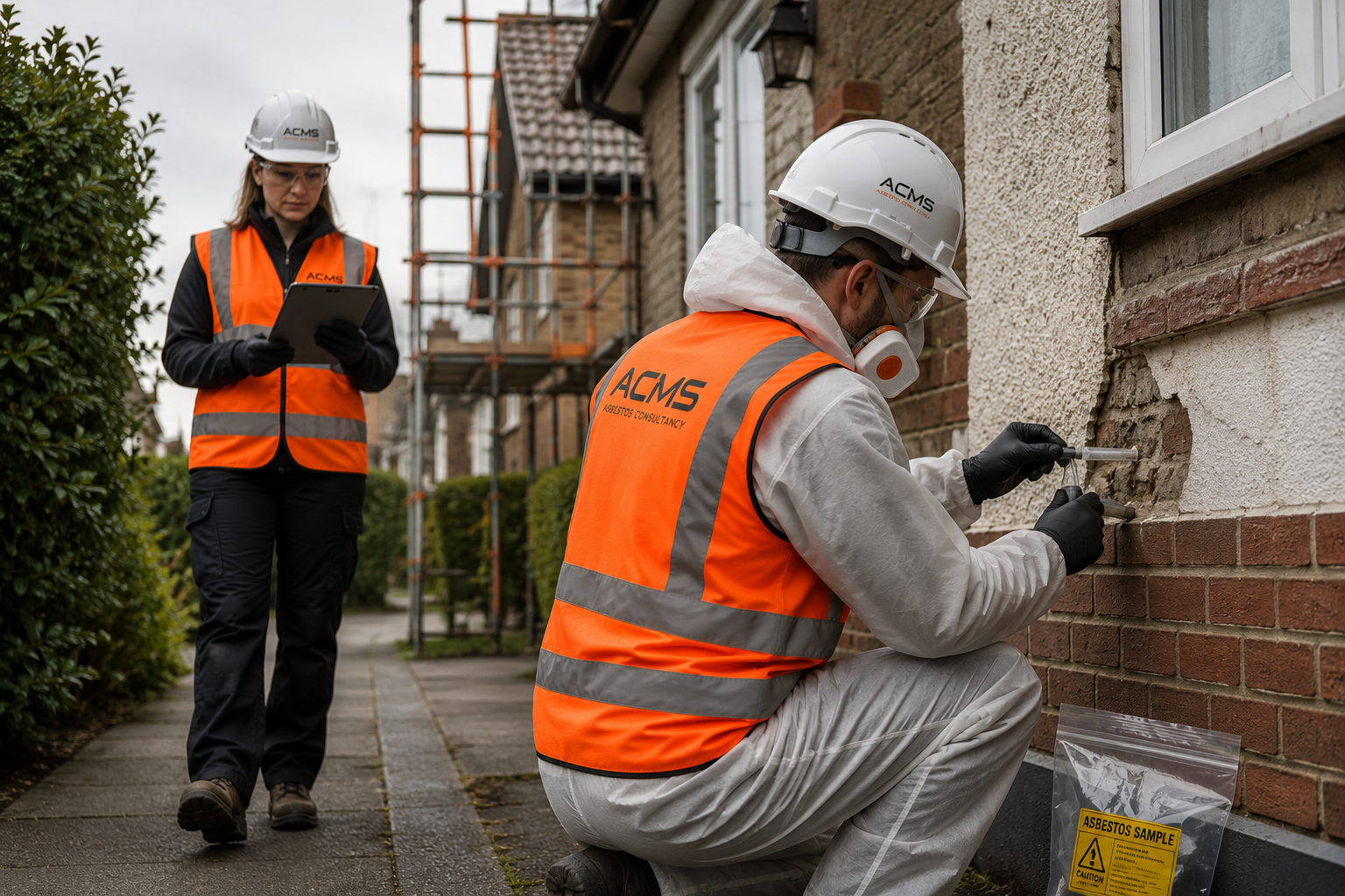 Two workers in orange safety vests and white helmets testing for asbestos outside a house, with a sample bag labeled 'Asbestos Sample' on the ground.